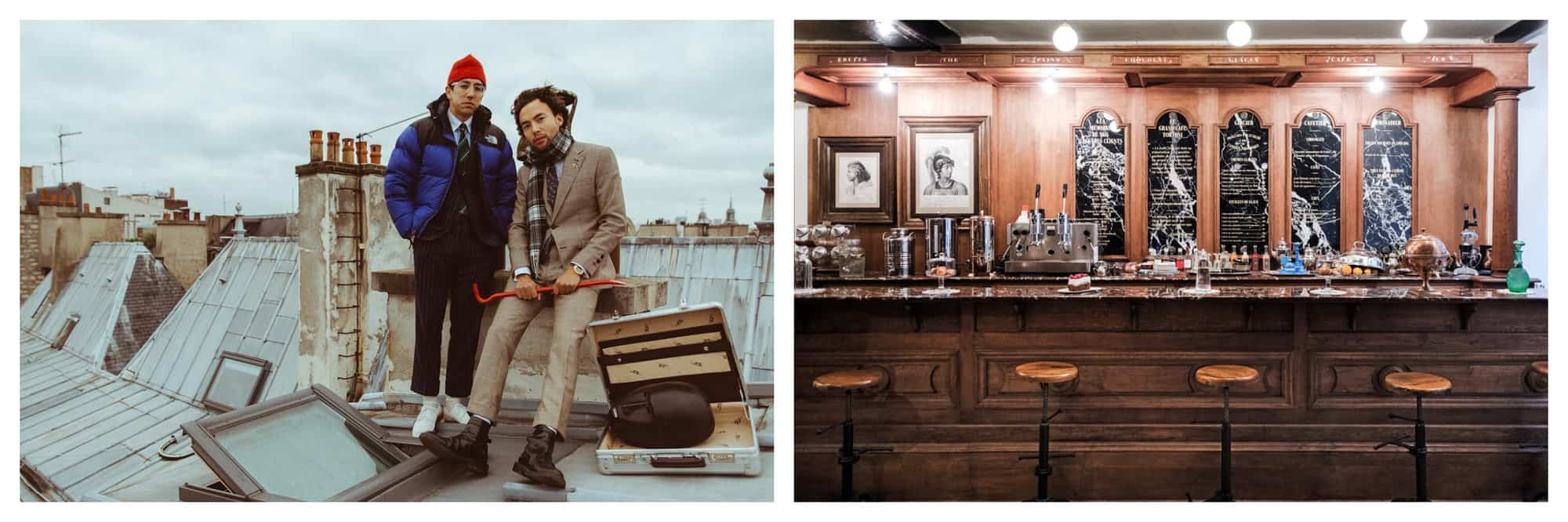 Left: A photo from Serpent à Plume, an urbane lounge with unique, cavelike architecture, that is located 2 mins away from Place des Vosges. In this picture, two well-dressed gentlemen are standing on a Parisian rooftop with a luggage and some accessories. Right: A photo taken from L'Officine Universelle Bully, a perfume store in Paris since 1803. This photo shows one of its beautiful stores in Le Haut Marais that is designed to look like a Speakeasy bar complete with drinks and spirits in wooden furnishings.