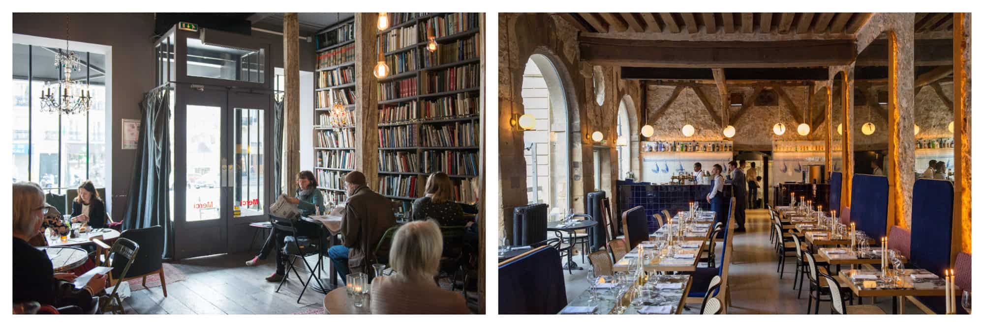 Left: A photo of Merci Paris' coffee shop with its customers in their tables. Merci is a concept store located in Haut Marais. Right: A photo of the ambient restaurant set up of a brasserie called Grand Coeur in Le Marais.