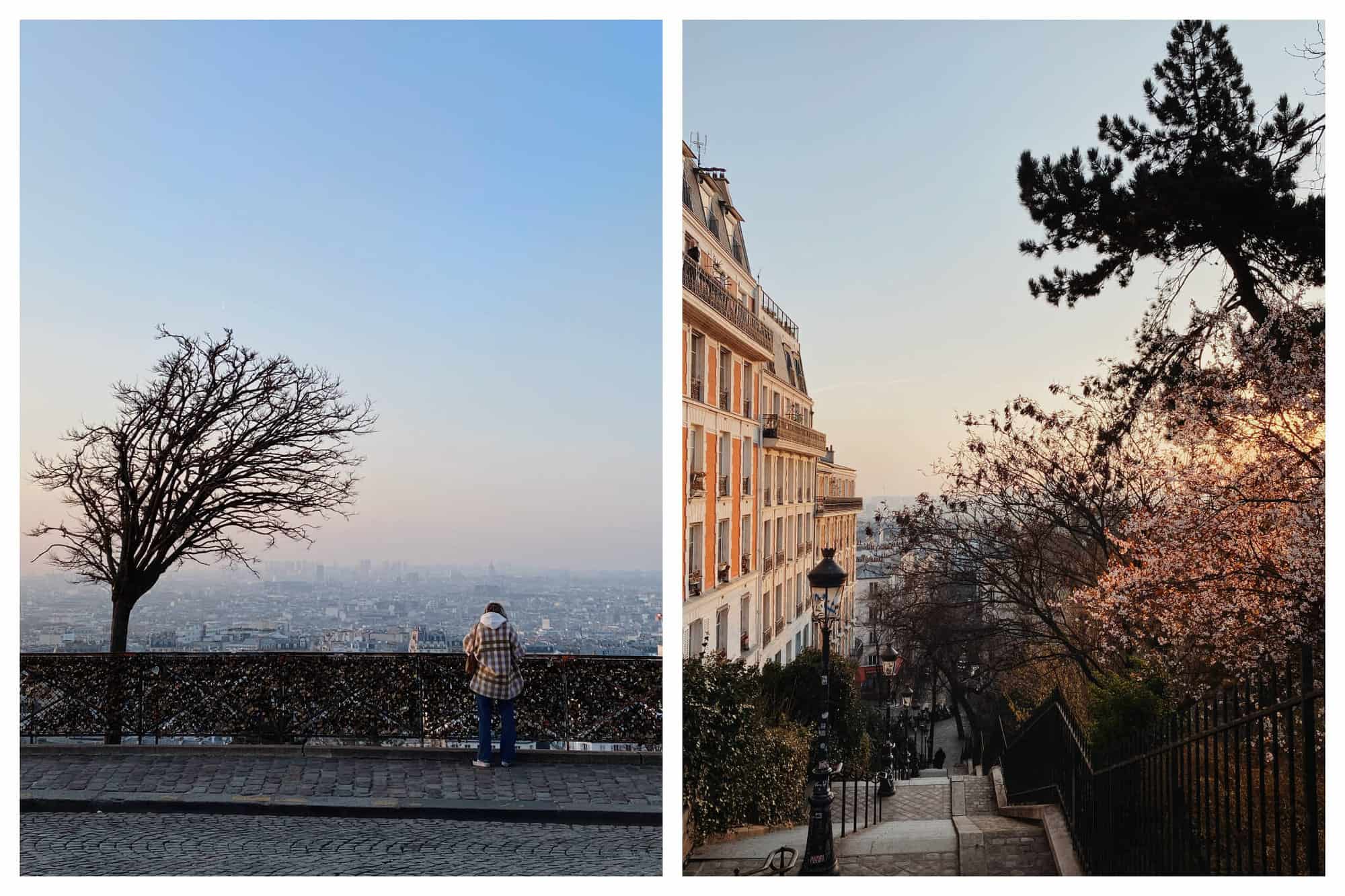 Left: The view from Montmartre. A woman stands with her back facing the camera at a viewpoint in Paris. Right: The steps up to Sacre Coeur. Looking over stairs in Montmartre, there are a variety of buildings and trees.