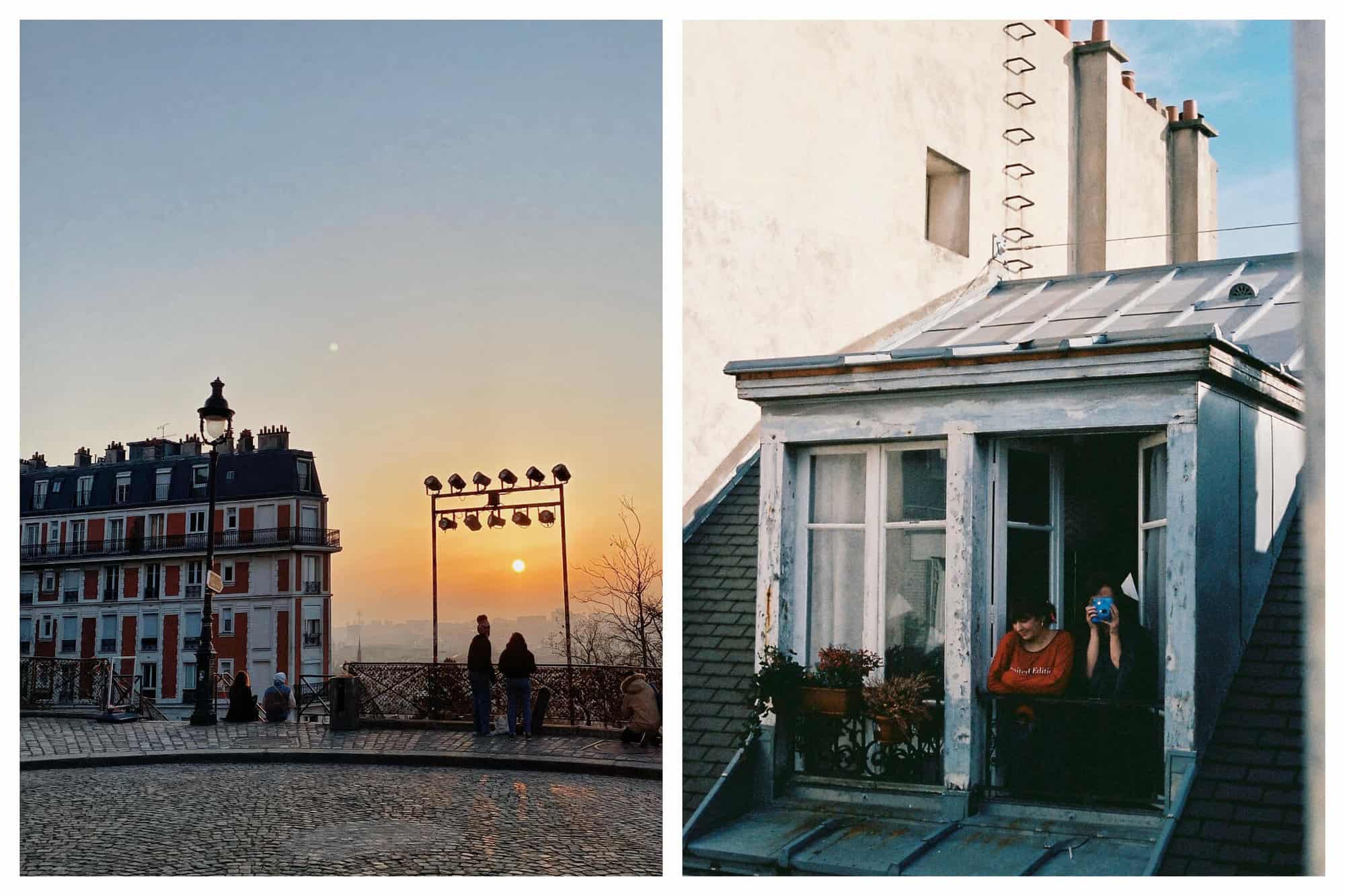 Left: The view from Sacre Coeur. The sun is setting, there are two people standing near a ledge with cobblestone roads and a building visible. Right: The photo is taken looking out of a window, photographing two people standing in an apartment across. One of the two people is taking a photo on a polaroid camera. 
