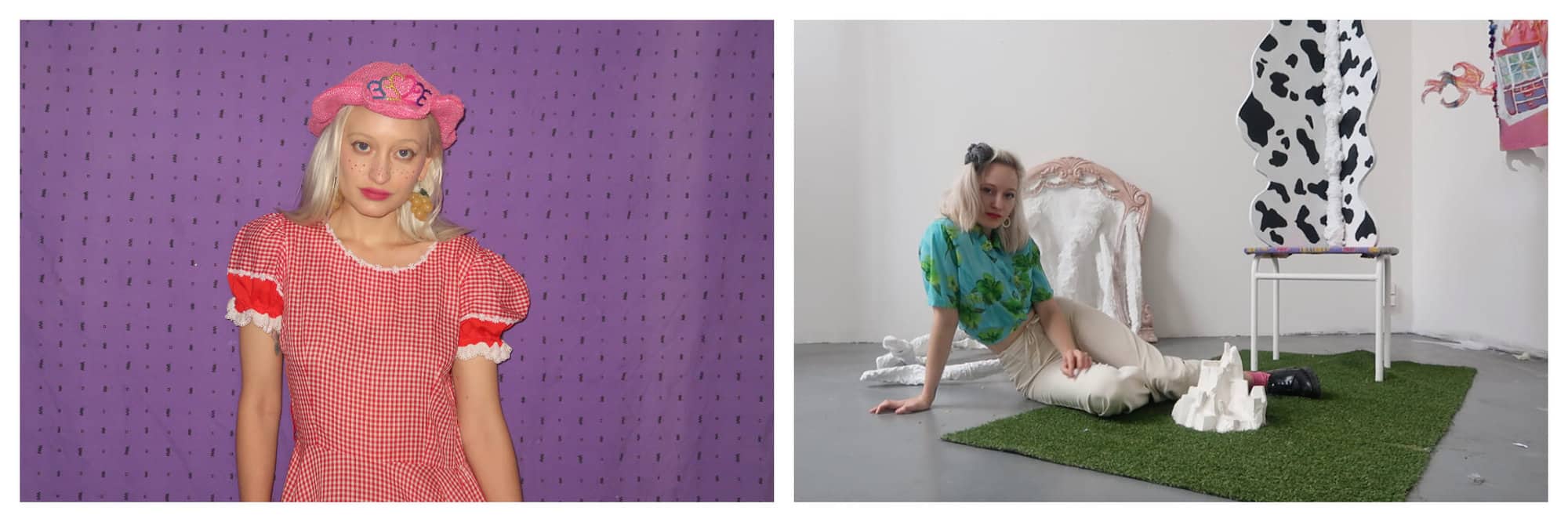 Left: A woman stands in front of a purple and black polka dot curtain. She has long platinum blonde hair and is wearing a pink rhinestoned hat and a red and white gingham dress. Right: The same woman is sitting on the floor in a white room. There are various sculptures around her and she is sitting on a patch of fake grass. 