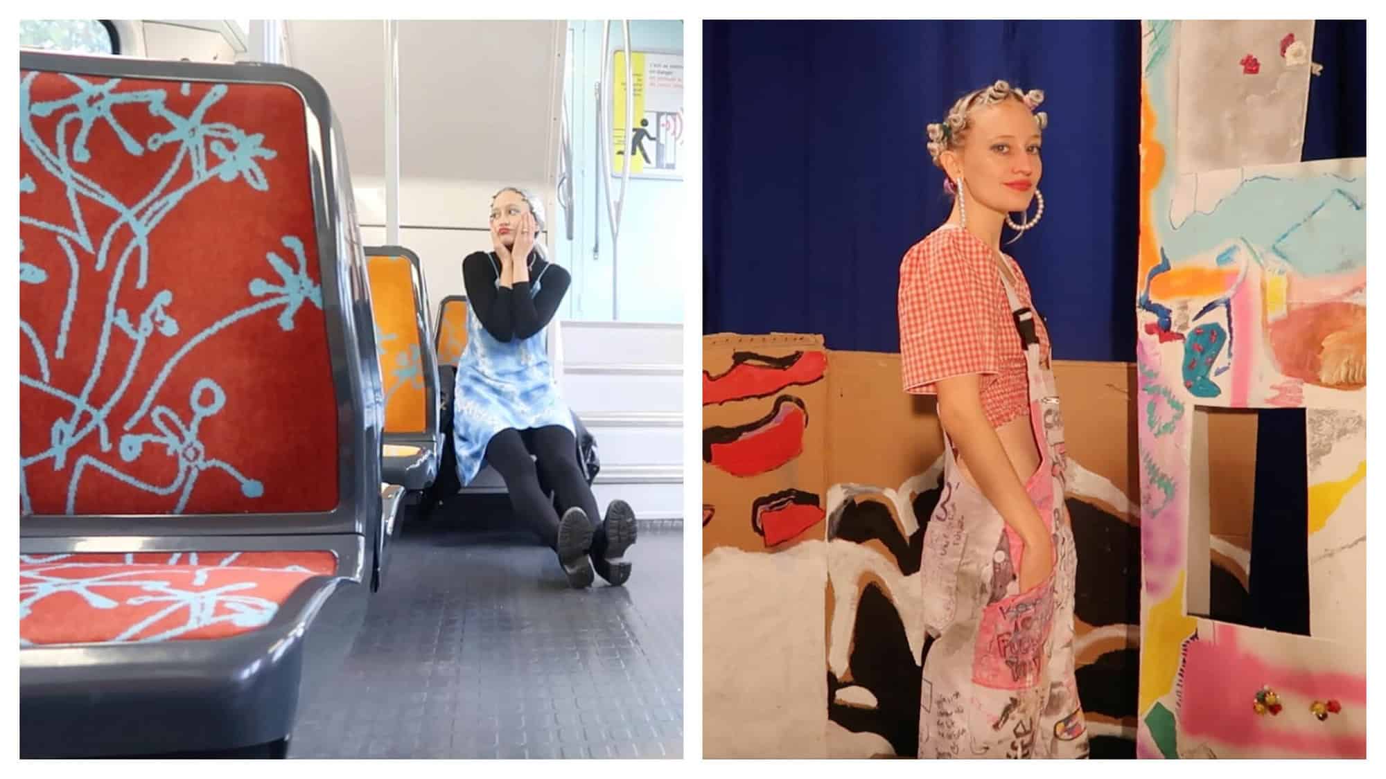 Left: A woman is sitting on the métro train in Paris. She is seated a few seats back compared to where the photo is taken from. Right: The same woman stands next to various art installations. 