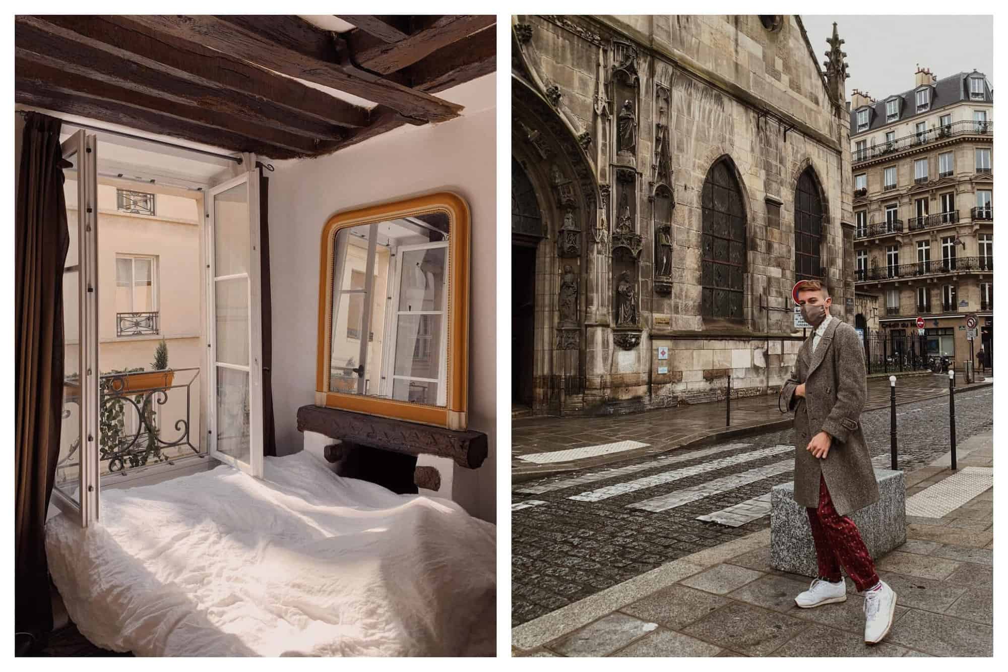 Left: A bedroom in Paris. The bed is pushed up against a wall and window, with the windows open. Right: A man stands on a street in Paris, wearing a face mask. 