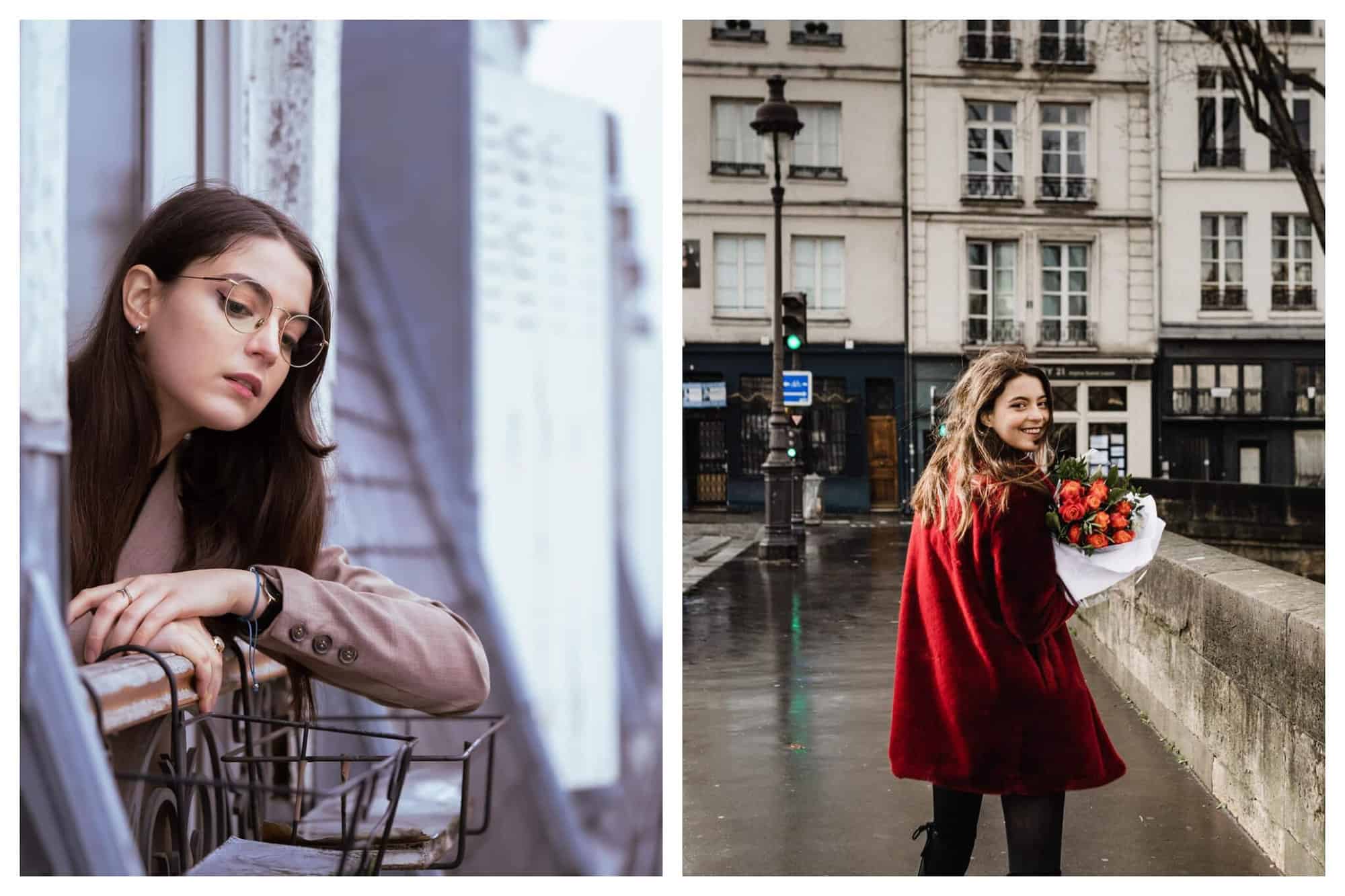 Left: A woman is looking out of a window in a traditional Parisian style apartment. She has long dark hair and is wearing glasses. Right: The same woman is walking in the streets in Paris. She is wearing a red coat and carrying red and orange roses, looking back at the camera. 