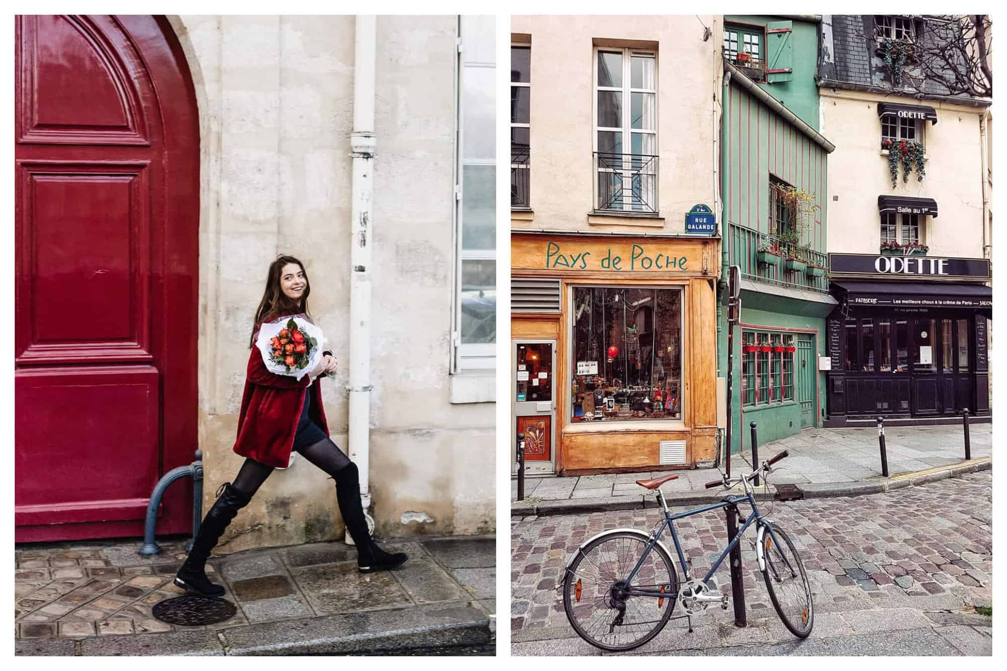 Left: A woman walks up a street in Paris. Behind her there is a red door. She is wearing a red coat, black tights and black thigh high boots. She is carrying red and orange roses and is looking back at the camera. Right: A street in Paris. There are a few storefronts, with the signs “Odette” and “Pays de Poche” visible. There is a bike locked to a post on the street. 