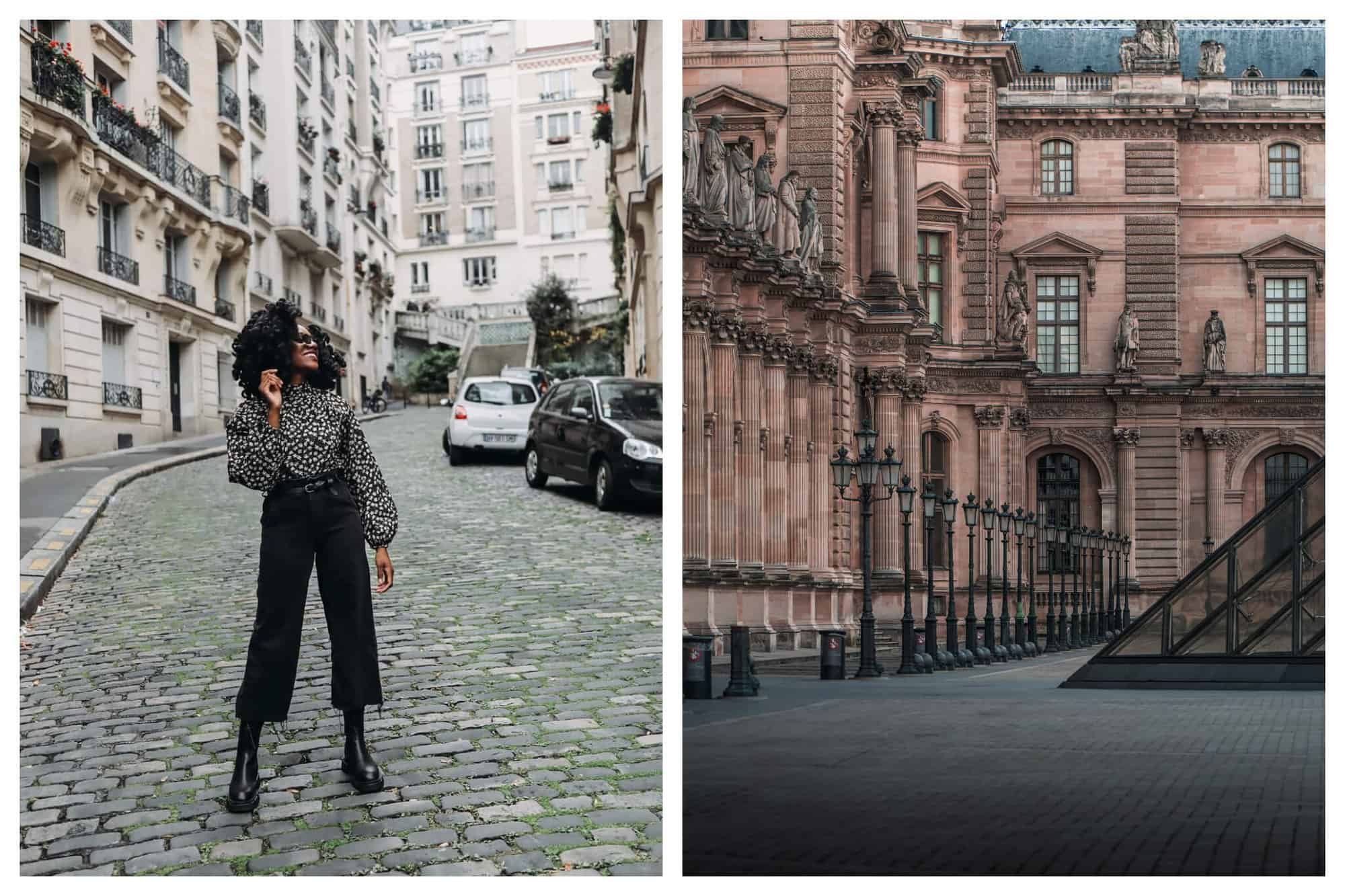 Left: A woman stands on a street in Paris, looking up. She is wearing a black and white polka dot shirt, black pants, and black boots. Right: The Louvre Pyramid in Paris. 