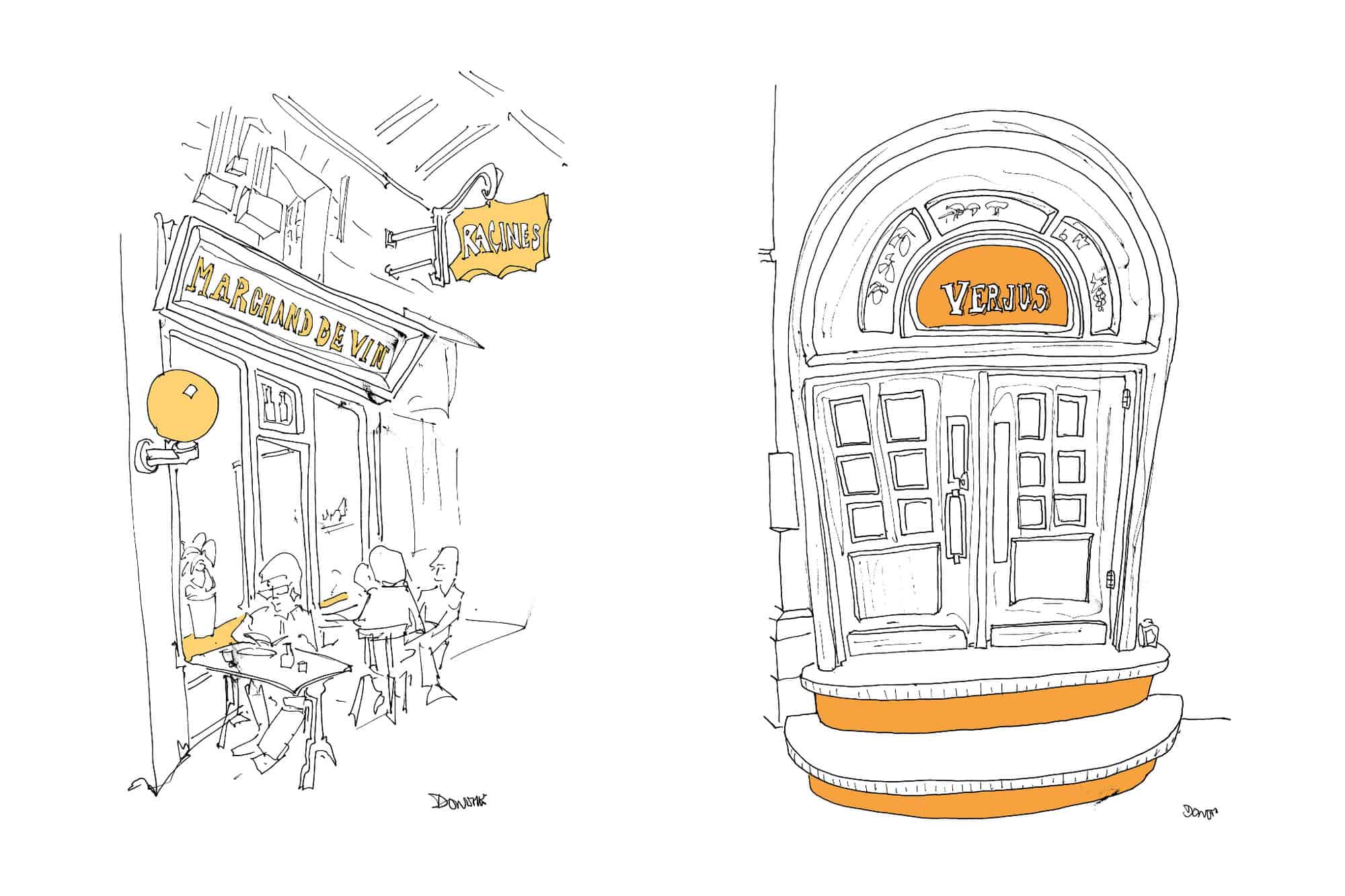 A montage of John Donohue's sketches of Parisian restaurants. On the left is a drawing of the restaurant "Racines" in black, white, and yellow. On the right is a drawing of the restaurant "Verjus", in yellow, black, and white.