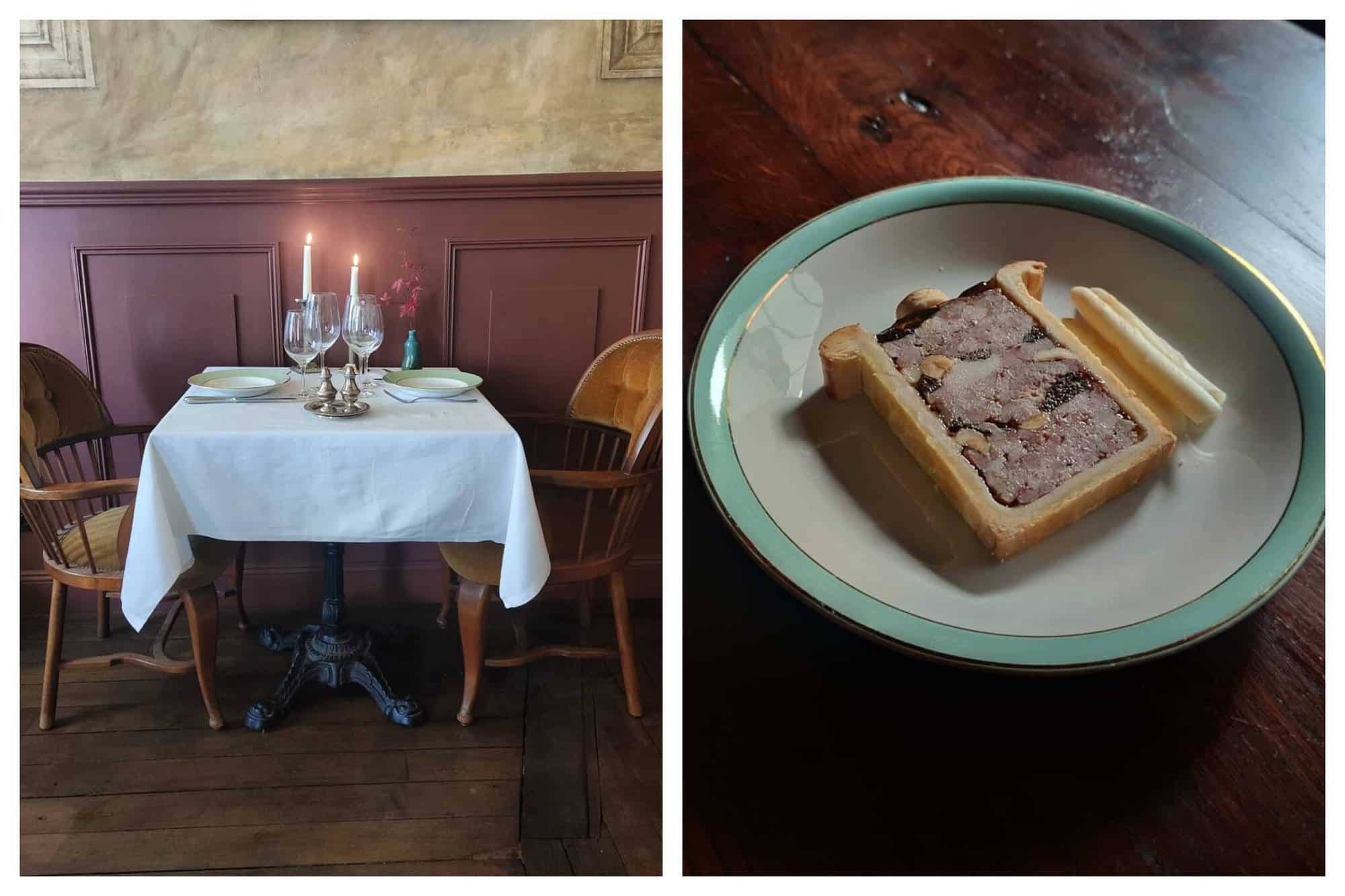 Two pictures from the Parisian restaurant "Pétrelle". On the left is a candle-lit table for two. On the right is a special slice of the french 'pâté'.