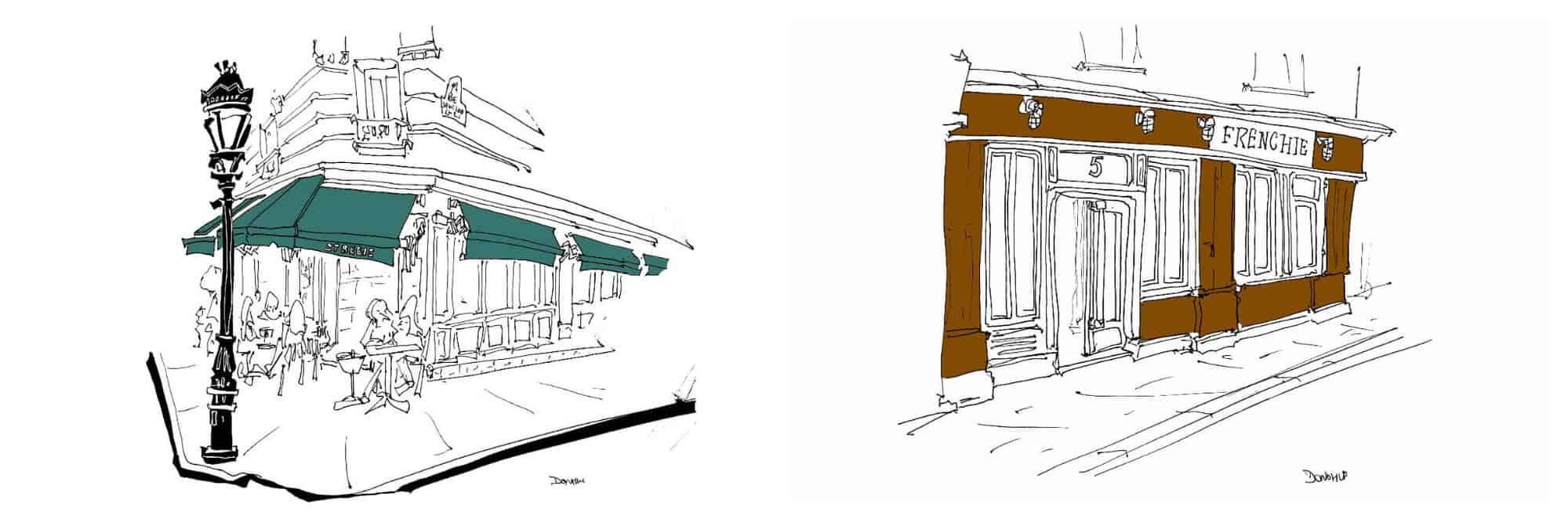 A montage of John Donohue's sketches of Parisian restaurants. On the left is a drawing of the restaurant "St. Regis" in black, white, and teal green. On the right is a drawing of the restaurant "Frenchie" in brown, black, and white.