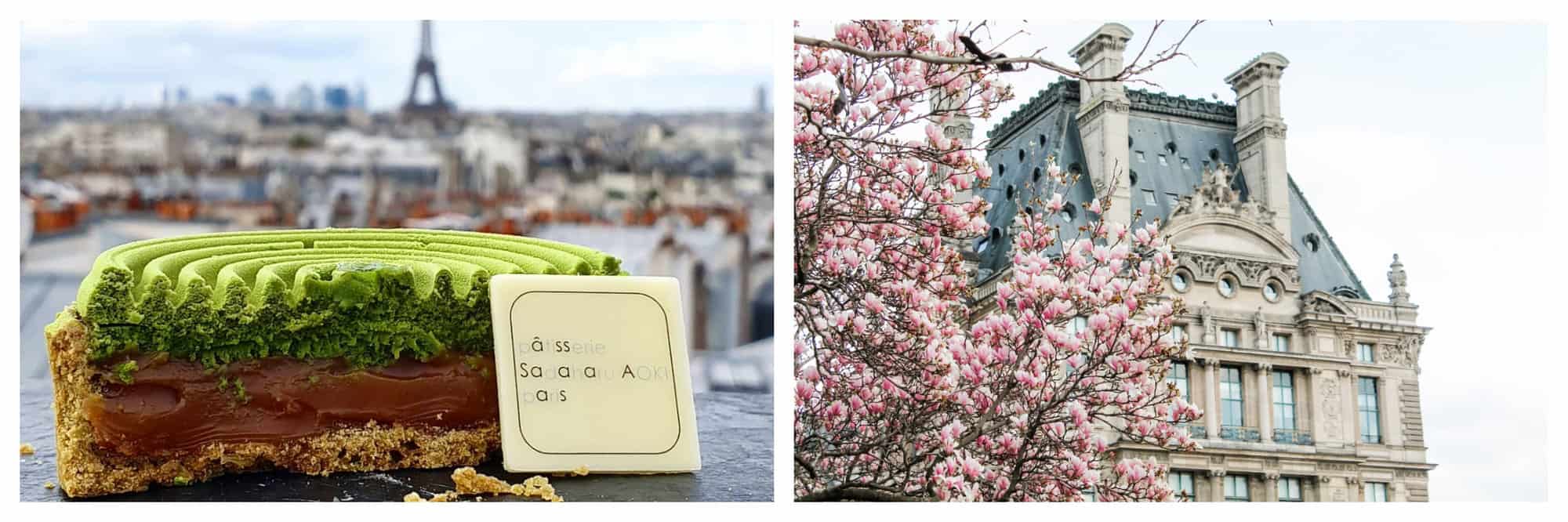 Left: A picture of Patisserie Sadaharu Aoki’s famous Tarte au Caramel Salé Matcha that has been sliced in the middle to show the caramel filling inside. This tart has a bright green top and brown crusts. The background of this photo are Parisian rooftops, the Eiffel Tower, and the buildings of La Defense. Right: Pictured is a Magnolia tree in full bloom of pink flowers at the Tuilleries Garden and behind it is one of the towers of the Louvre.