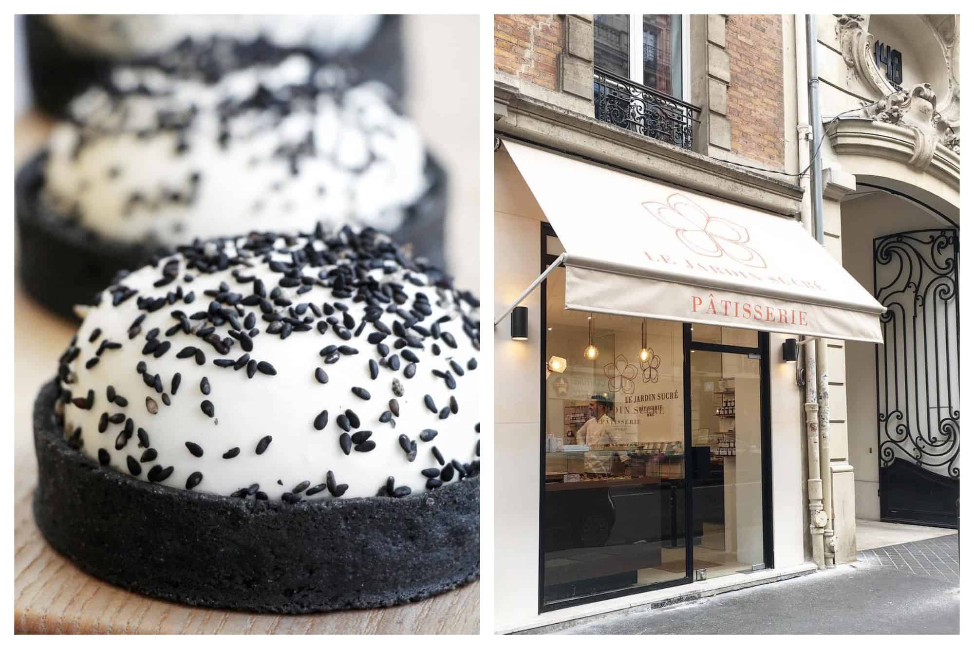 A montage of 2 photos from Parisian Patisserie Le Jardin Sucré. Left: Their famous Tarte Sesame Noir Yuzu — a tart of black crust and white filling and sprinkled with black sesame seeds. Right: A picture of their store beside a iron-wrought Parisian building gate. Their walls are painted beige and their lights are warm. You can see the interiors of the bakery along with one of their head bakers inside.