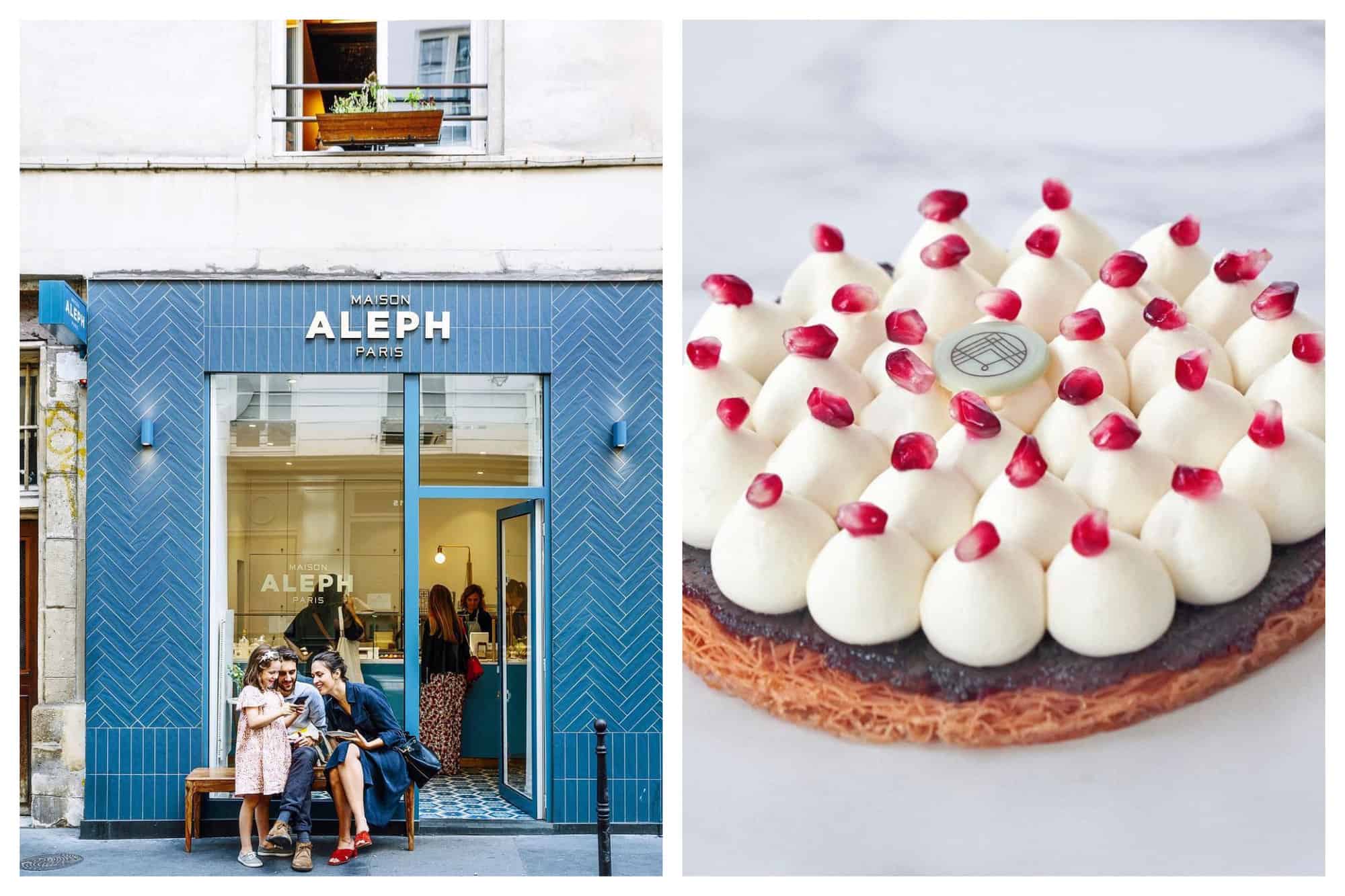 A montage of 2 pictures from Parisian Patisserie Maison Aleph. Left: A family of 3 (a mom, a dad, and a young daughter) sits in front of the pastry shop looking at a cellphone. Maison Aleph’s exterior and interior of bright blue tiles can be seen as 2 more people orders inside.
Right: Maison Aleph’s iconic Tarte Grenade & Fleur d’Oranger is pictured here — it is a cake of brown crust, dark jam, and white drops of meringue topped with small slices of cherries.