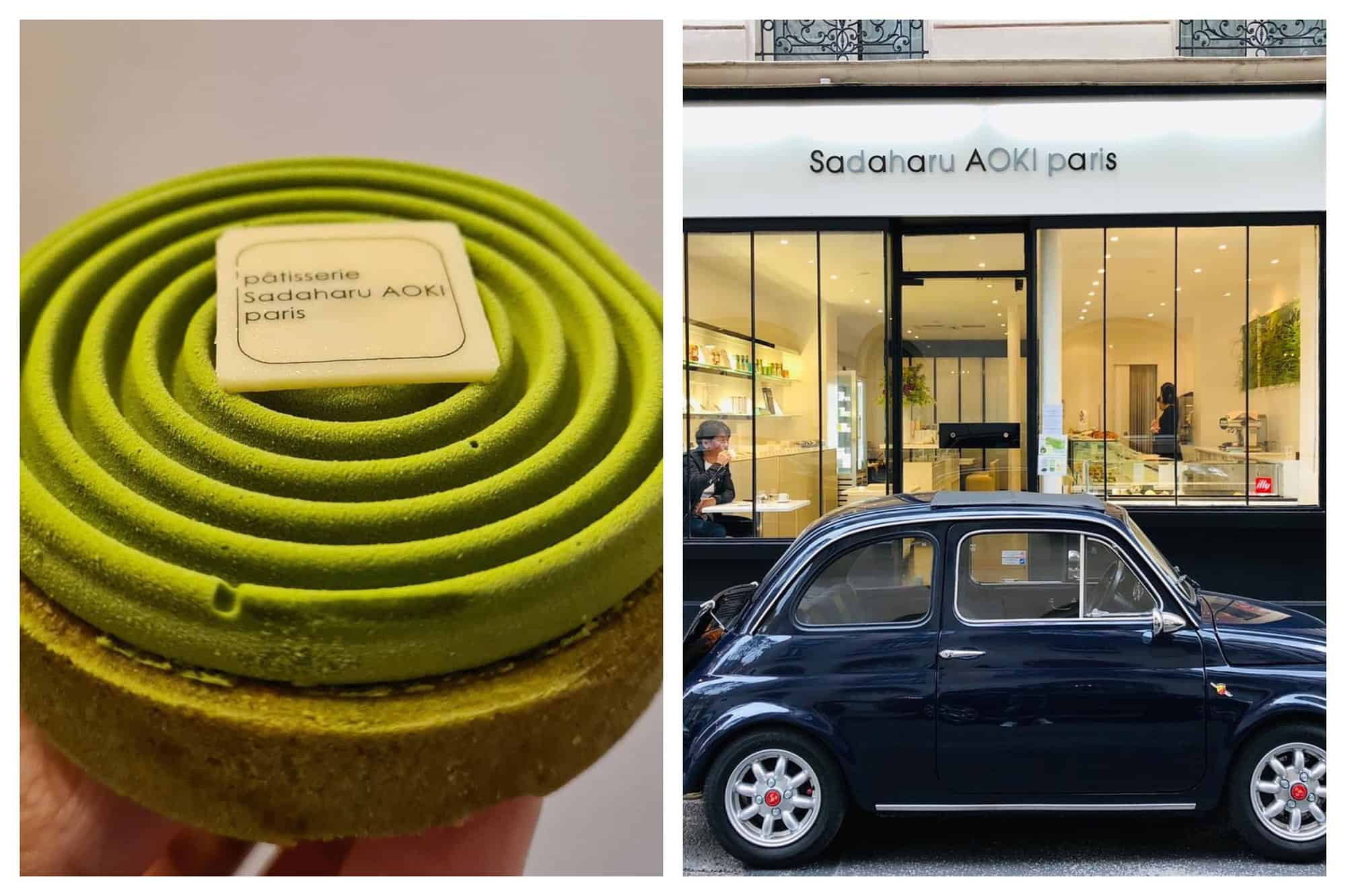 A montage of 2 pictures from Parisian Patisserie Sadaharu Aoki Paris. Left: A picture of Patisserie Sadaharu Aoki’s famous Tarte au Caramel Salé Matcha. This tart has a bright green top and brown crusts. Right: A picture of Sadaharu Aoki’s store front with the head chef’s black vintage Volkswagen car parked in front and the head chef sitting inside his store, drinking a cup of tea. 2 ladies are behind the counter full of pastries.