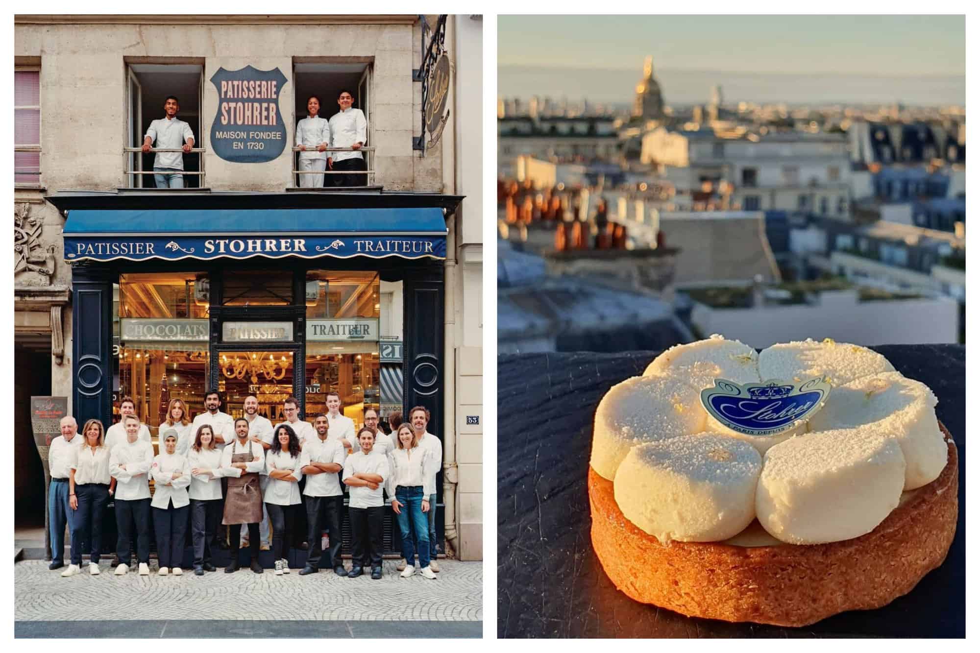 A montage of 2 pictures from Parisian Patisserie Sadaharu Aoki Paris. Left: The team (of 21 people) poses for the camera in front of the store. The store front reads as “Patisserie Stohrer Maison Fondée en 1730”. Right: Stohrer’s famous Tarte au Citron, a tart in a brown crust and flower shaped white filling, pictured with the backgrounds of the Parisian skyline.