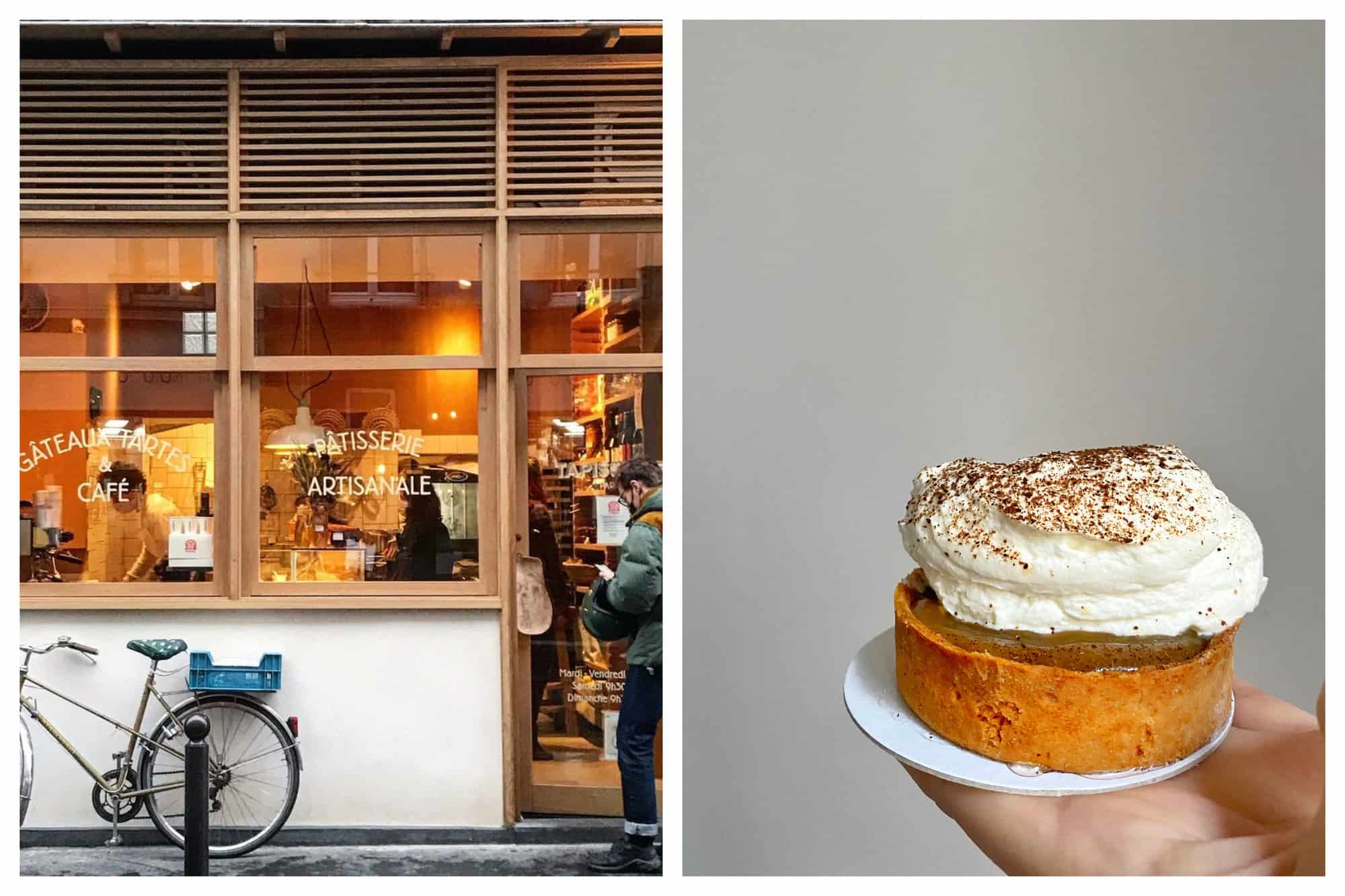 A montage of 2 pictures from Parisian Patisserie Tapisserie Patisserie. Left: The pastry shop’s store front — a bike is parked in front of a store lit with warm cozy lights as customers order inside. Right: The author holds Tapisserie Patisserie’s iconic Clamatarte in her right hand — it is a tart with brown crust, brown filling topped with white whipped cream and sprinkled with cinnamon.