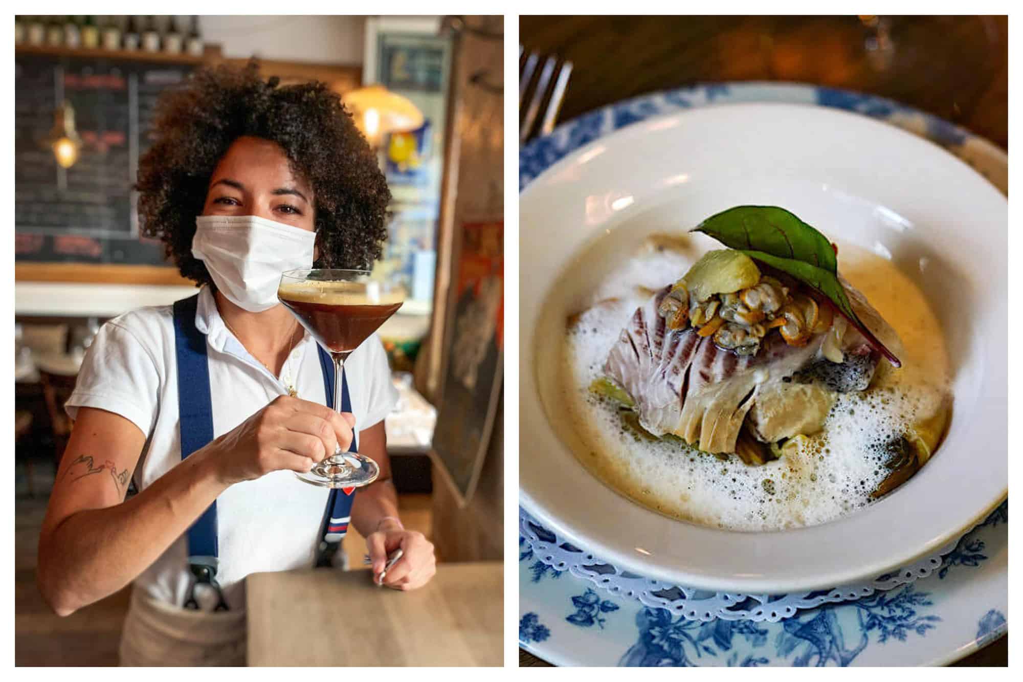 2 montages from the Parisian bistrot "Le Bon Georges". Left: An employee serves a martini espresso with a evident smile behind her white face mask. She is wearing a white polo shirt, blue suspenders, and beige trousers. Right: A close up of one of their menu, a fish dish, served in antique white and blue plates, creamy sauce, and garnished with a fresh herb.