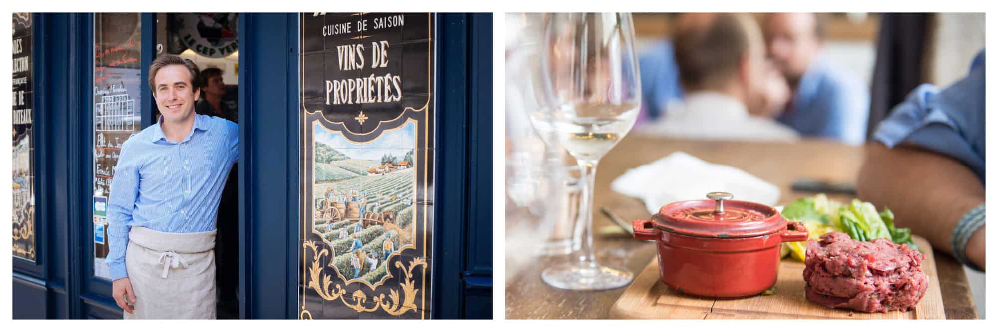 2 montages from the Parisian bistrot "Le Bon Georges". Left: The owner, Benoît Duval-Arnould, smiles and stands at the door of his restaurant in his bright blue shirt and gray apron. The exteriors of the restaurants are painted navy blue. Right: A close up of one of their menu, the Steak Tartare, served in a wooden board with salad on the side, a small red pot for the sauce, and a glass of white wine. On the background are male customers in blue shirt. 