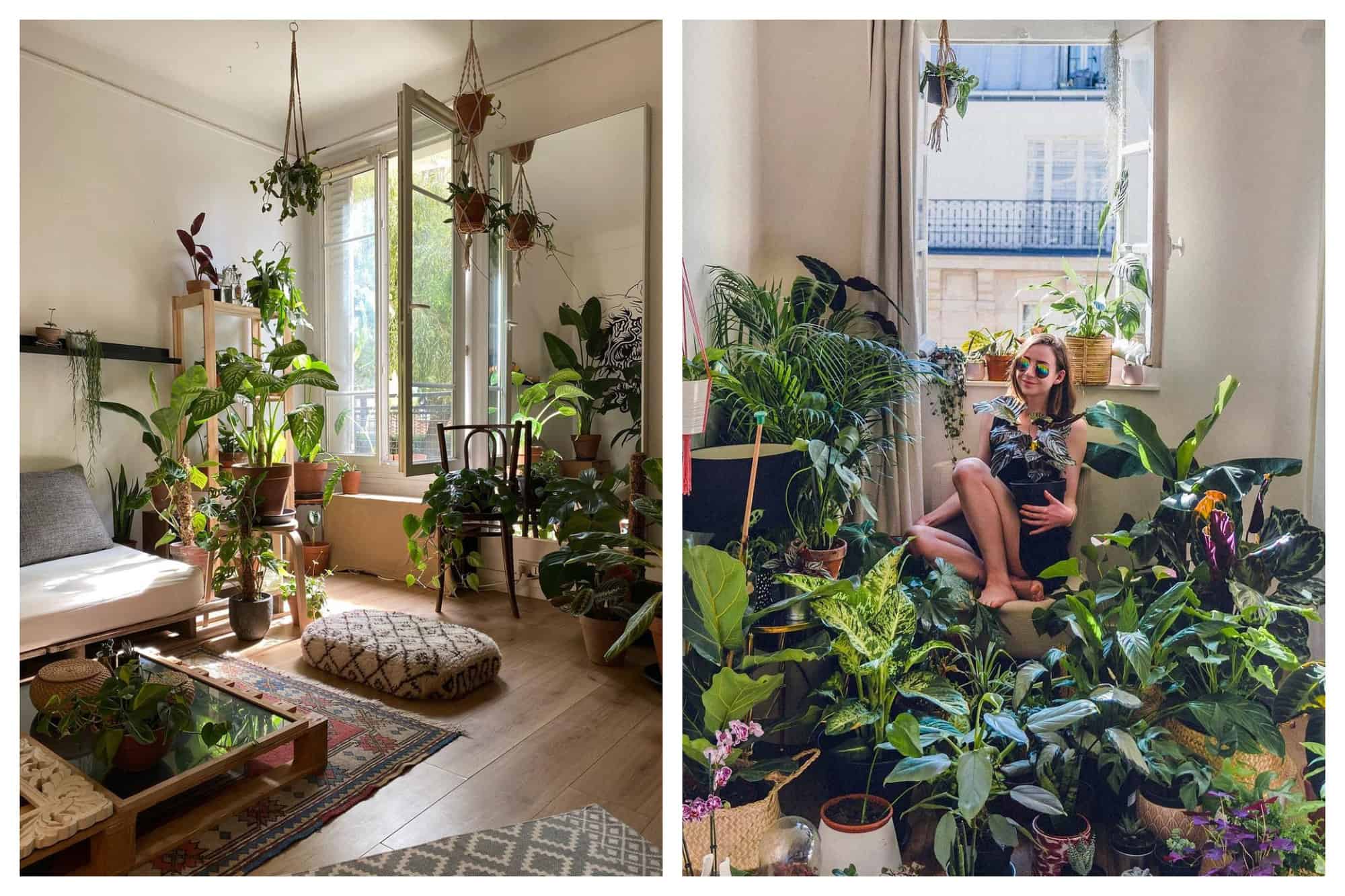 Left: A Parisian living room decorated with at least 30 types of houseplants. The giant mirror reflects more houseplants on the other side of the living room. Right: A picture of a Parisian woman sitting in her living room and surrounded by her houseplants. She is leaning against a window overlooking another recognizable Parisian building with its balcony.
