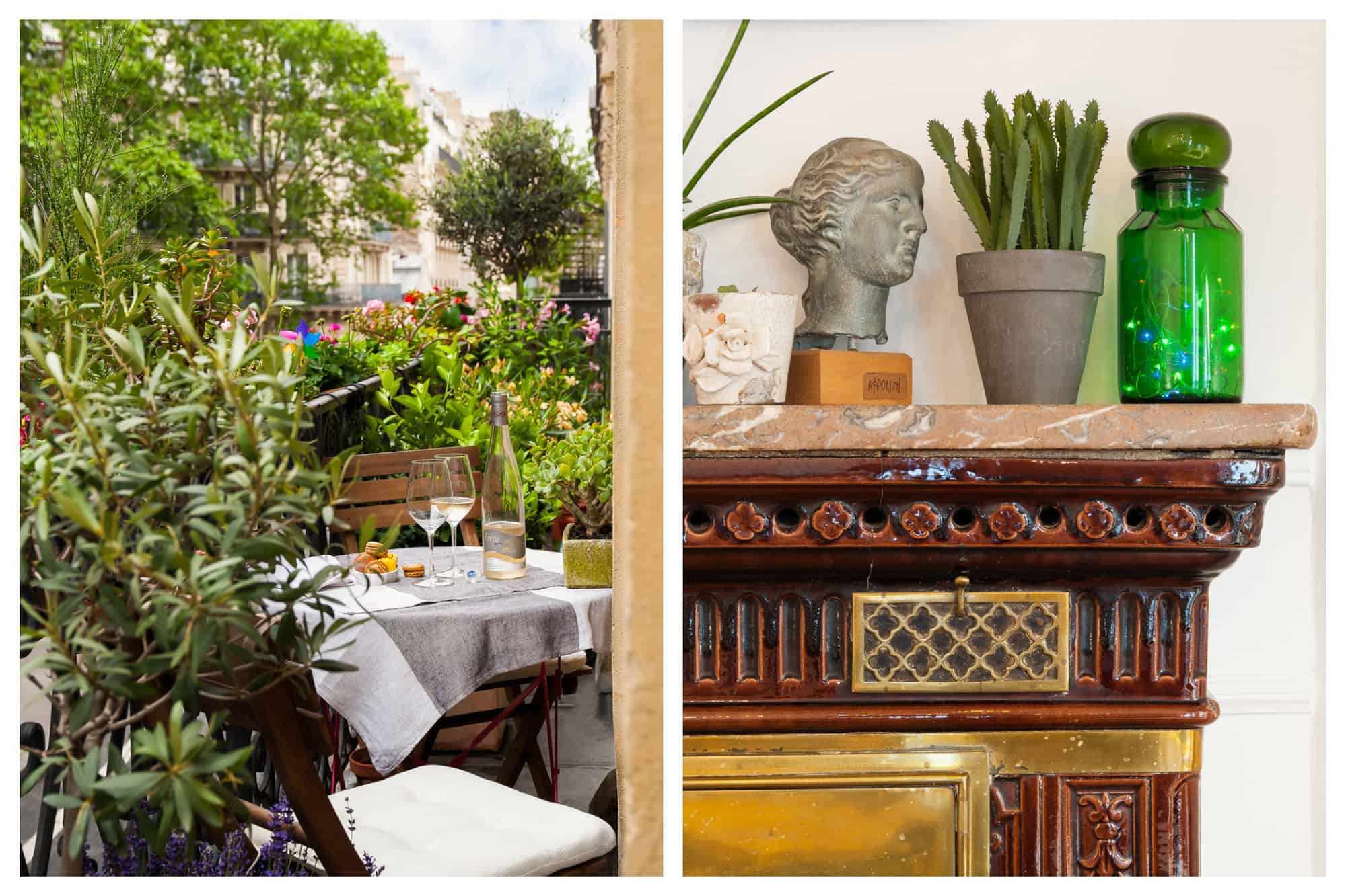 Left: A picture of a lush Parisian balcony full of plants and flowers on a beautiful summer day. A table is set with chairs, a bottle and 2 glasses of rosé, and macaroons. Right: A picture of a classic Parisian fireplace that is decorated with 3 pots of plants (cactus, aloe vera, and a succulent), a green bottle with fairy lights inside and a goddess paper weight.  