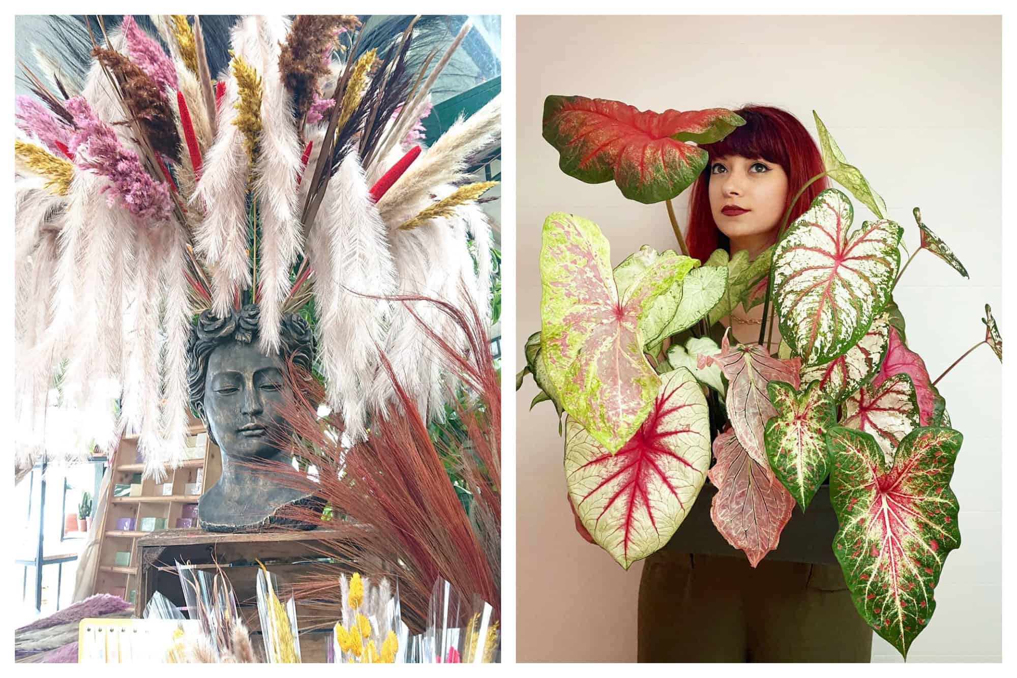 Left: A picture of a plant store in Marché aux Fleurs in Île de la Cité, Paris, called Shawnee by Philippe Meunier. Pictured is a goddess head pot containing various types of dried flowers and ornaments. Right: What The Flower's founder Justine Jeannin is pictured holding 7 types of colorful caladiums in colors of green, pink, white, and red.