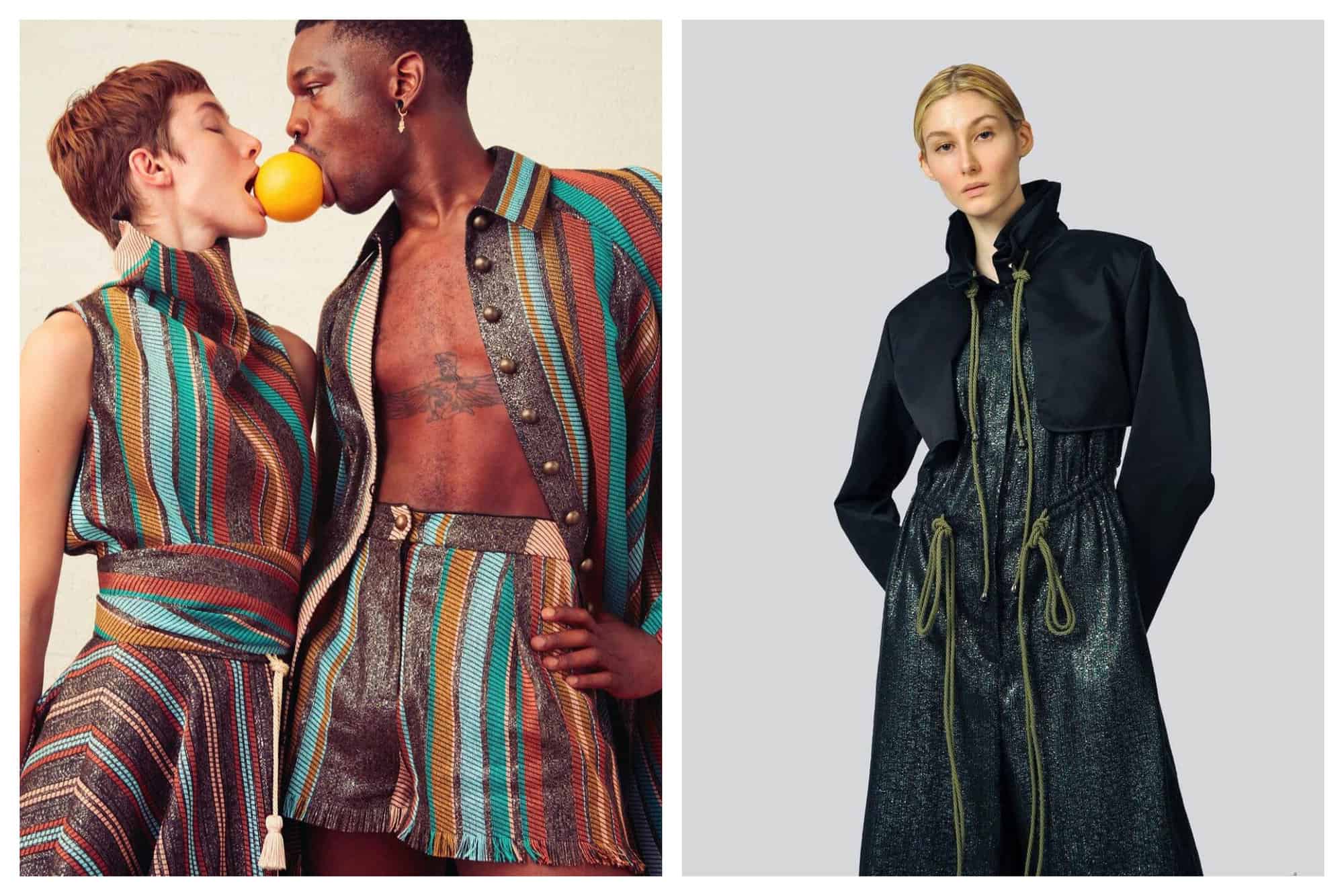 2 pictures from sustainable fashion brand Benjamin Benmoyal. Left: Two models are taking a bite from an orange, supporting it only with both of their mouths. Both are wearing the same fabrics of printed textile in stripes and main hues of brown and blue. A model is wearing a blue metallic dress with green ropes and a navy blue boléro.