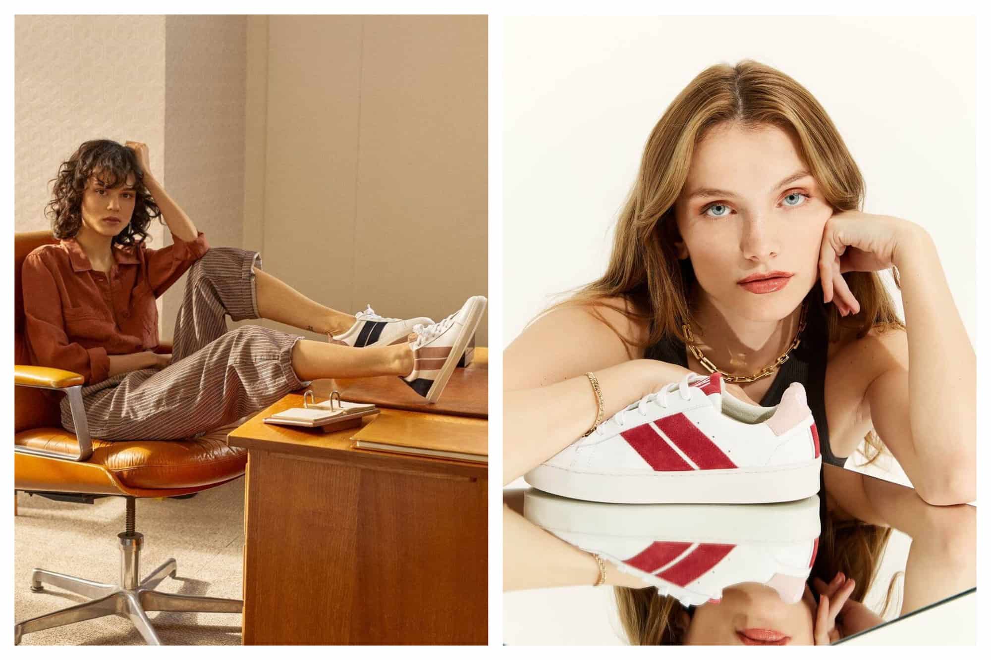 2 pictures from sustainable sneaker brand Caval. Left: A model is sitting in an office. The armchair and the table are both colored tan. She is wearing a terracotta colored long sleeved top with light brown pants and white sneaker with brown and white stripes. Right: A model with captivating blue eyes is seen with a white sneaker that is styled with red and pink stripes.