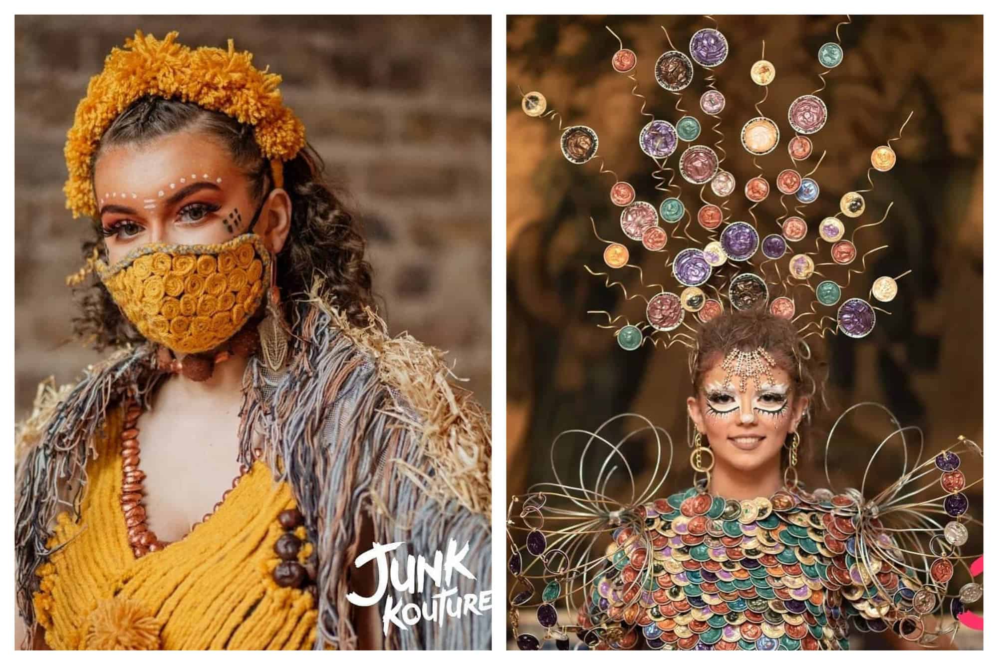 2 pictures from sustainable fashion brand Junk Kouture. Left: A woman in a creative ensemble of recycled materials -- yellow headband, mask and top. Right: A woman smiles in her costume of recycled metallic rings in purple, yellow, orange, and green. She also wears a tall headdress made of the same materials.