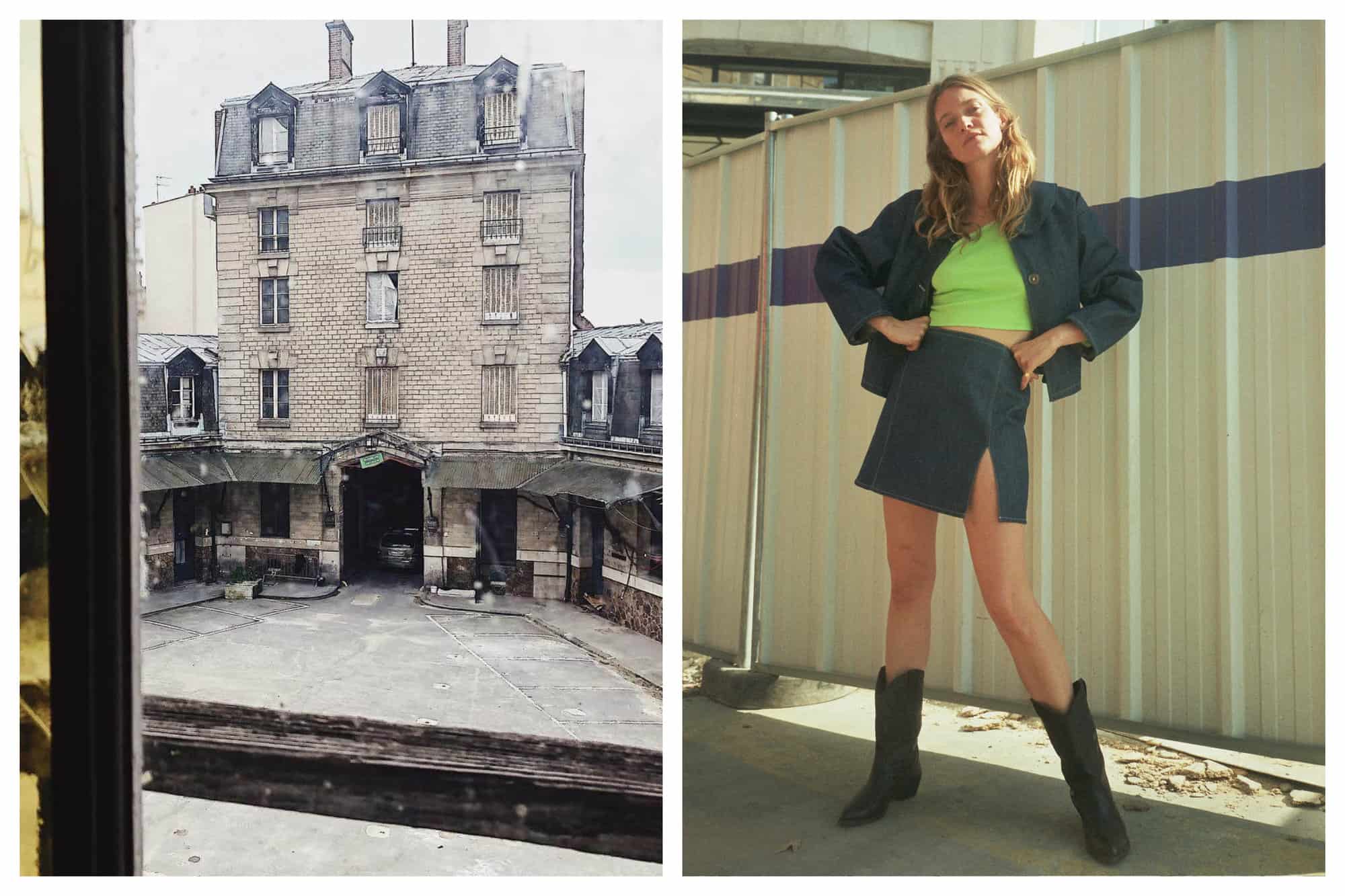 Left: A picture of La Caserne, the oldest fire station in Paris. Right: A model is posed behind a beige metal construction fence, wearing a green cropped top, denim blazer and mini skirt, and black cowboy boots.