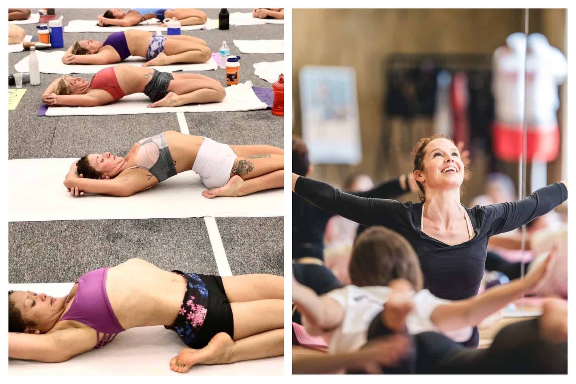 Left: Participants in a hot yoga class are in a lying pose with their torso area curled upwards. Right: A smiling instructor is giving her eagle pose to a yoga class.