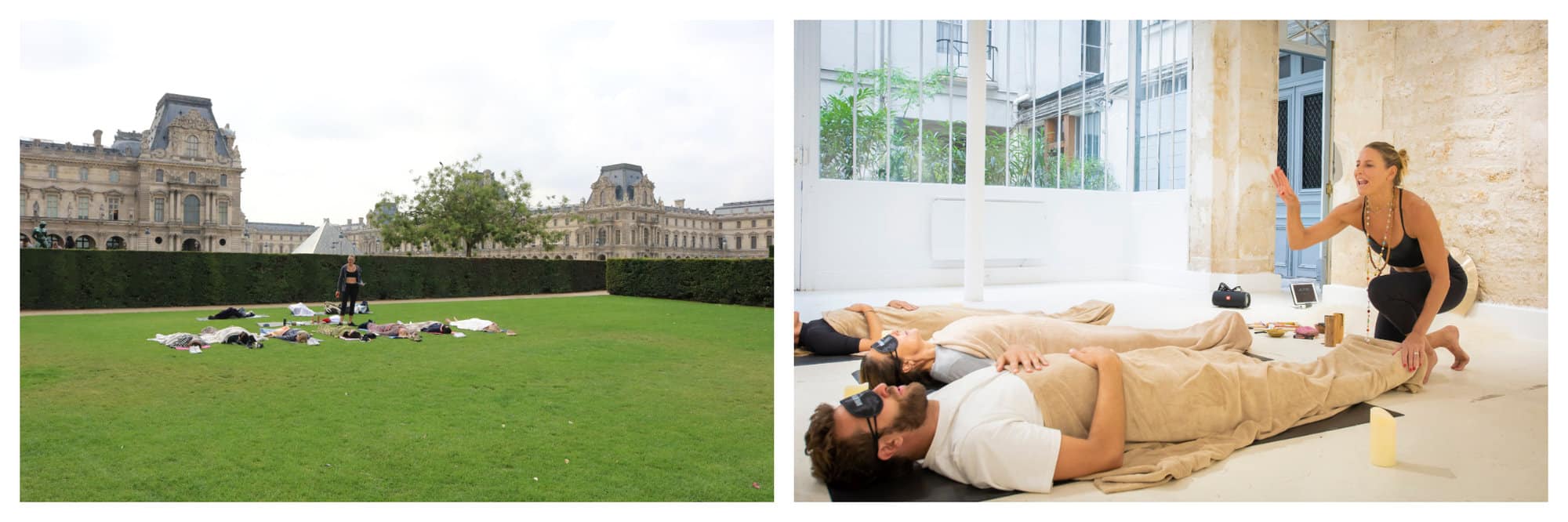 Left: An outdoor yoga class in front of the Tuilleries Garden with 7 participants and their teacher. Right: A yoga class in a studio with 3 participants lying down and their teacher instructing them.