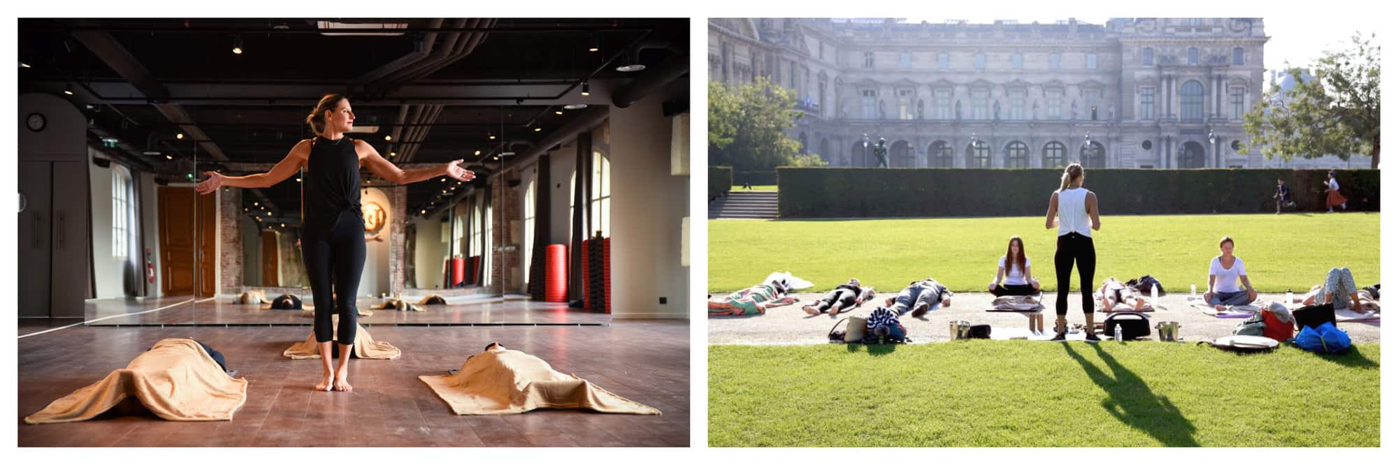 Left: A yoga class with 3 participants lying down and their teacher in the middle spreading out her arms. Right: An outdoor yoga class in front of the Tuilleries Garden with 7 participants and their teacher.