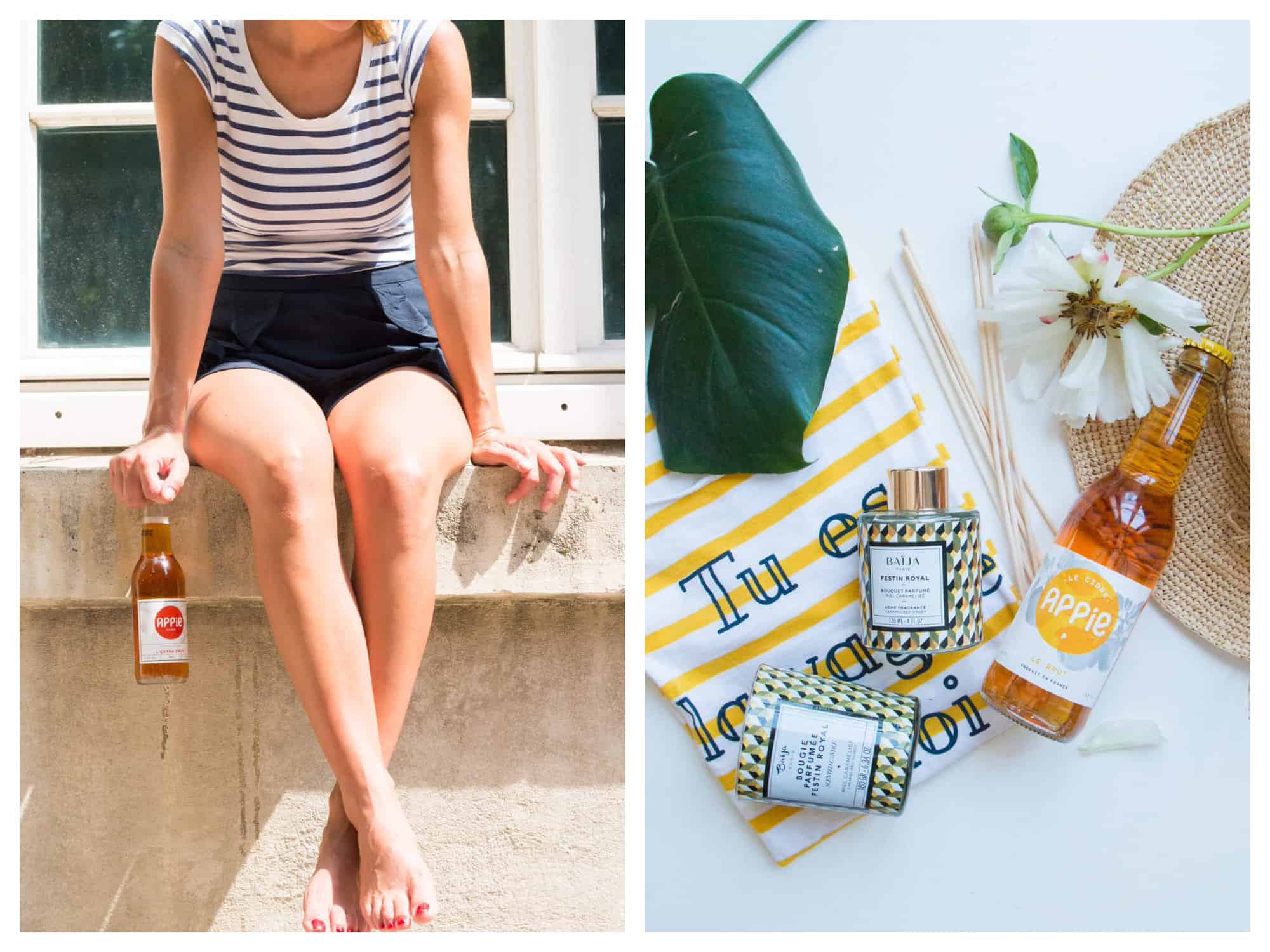 Left: a girl wearing a mariniere t-shirt and shorts sitting on a ledge holding an Apple cider.
Right: a flat lay with a French mariniere t-shirt, a candle, perfume, flowers, a straw hat and an Apple cider.