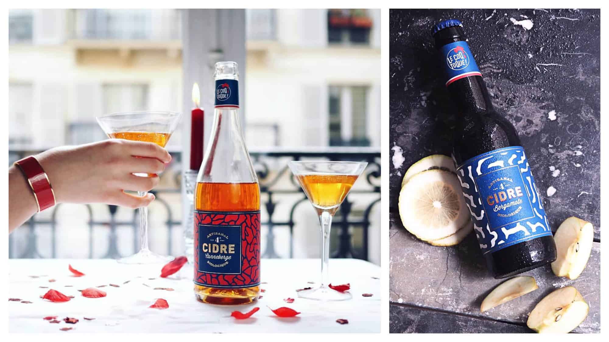 Left: two glasses of Le Coq Toque cider and the bottle on a table with rose petals and a lit candle in front of a Parisian window.
Right: a bottle of Le Coq Toque cider with slices of lemon and apple.