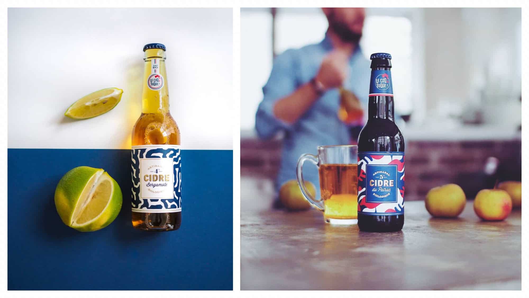 Left: a flat lay of a Le Coq Toque bottle of cider with a lime.
Right: a bottle and glass of Le Coq Toque cider in front of a man with apples in the background. 