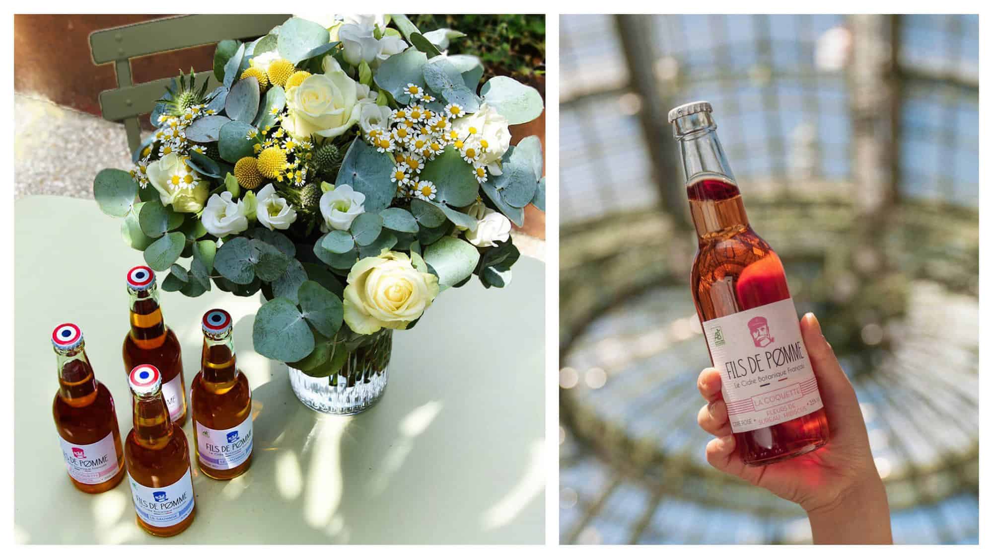 Left: bottles of Fils de Pomme cider on a pale green outdoor table with a vase of flowers.
Right: a hand holding a bottle of Fils de Pomme cider under the roof of Grand Palais. 