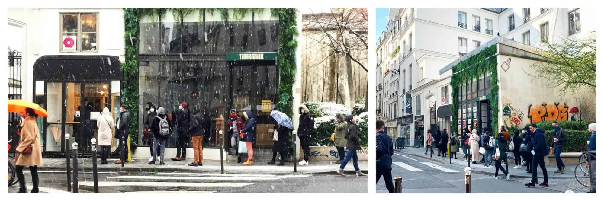 Left: A line of people out the door in front of Boneshaker Donuts in Paris on a cold, rainy day; right: another line of people outside Boneshaker Paris, this time on a sunny spring day. 