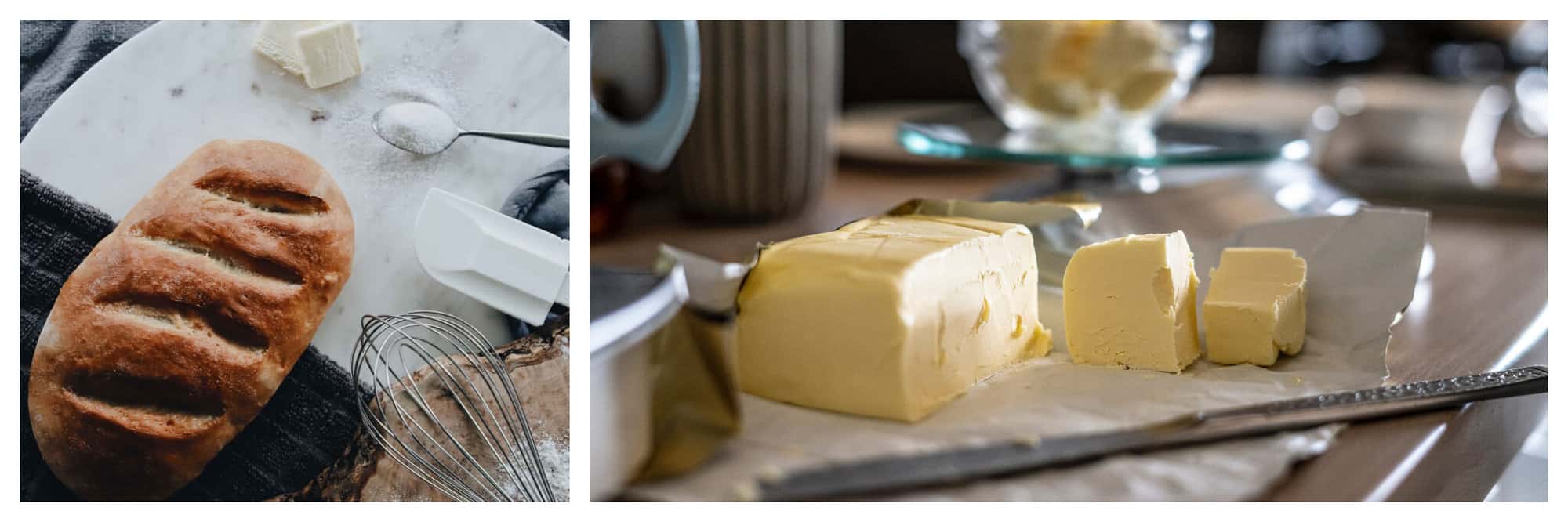 Left: A loaf of artisanal bread among other baking supplies including sugar, butter, a whisk and a spatula. Right: Butter cut into large squares resting on top of a table. 