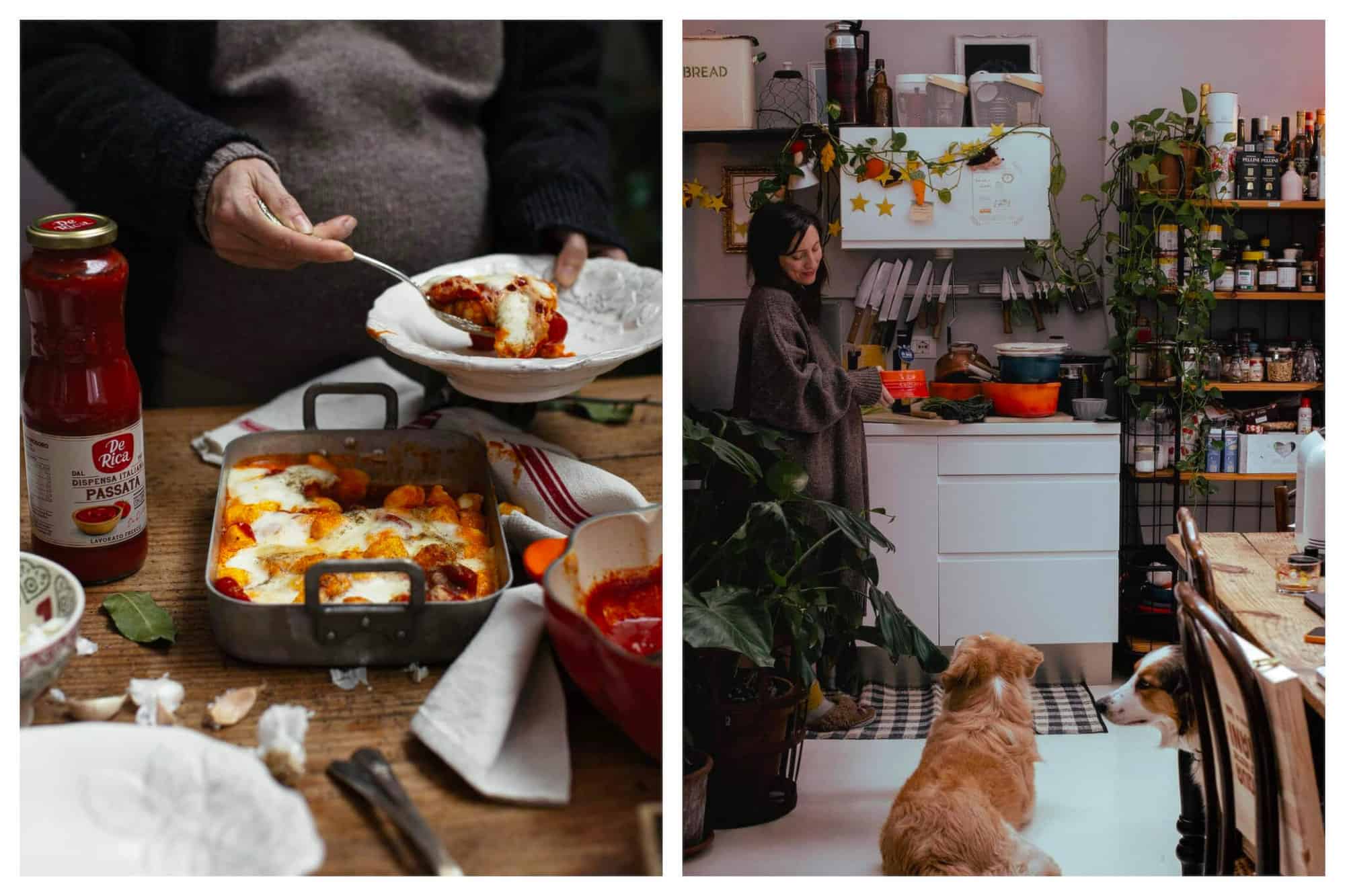 Left: A lasagna being sliced out of a contained and placed onto a plate. Right: A woman standing in her kitchen smiling down at her dogs.