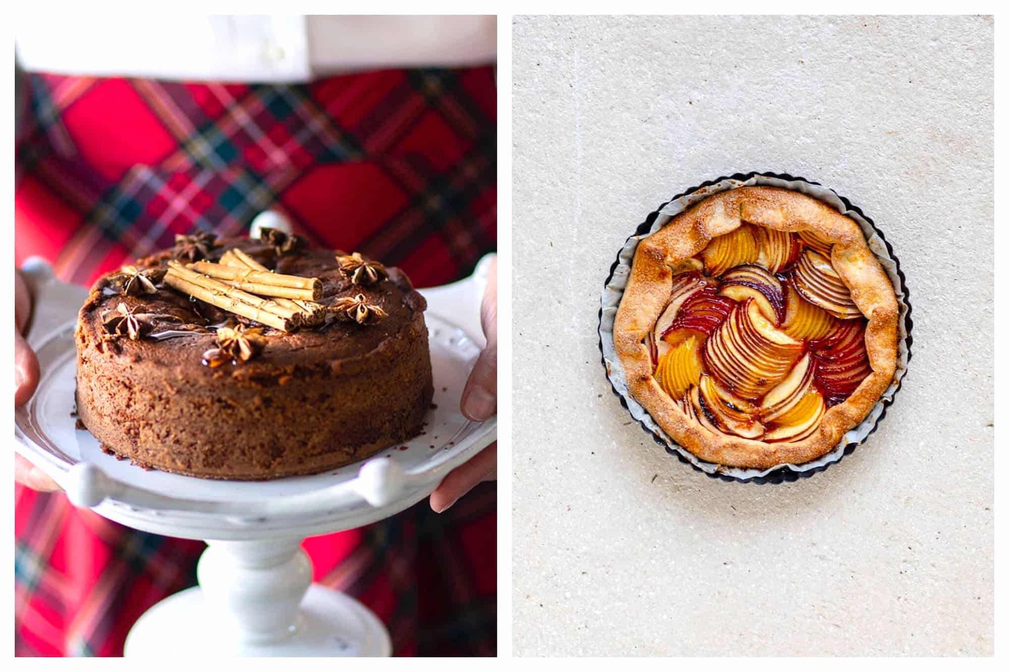 Left: A woman wearing a plaid skirt holding a chocolate cake on a white platter. Left: A peach pie. 