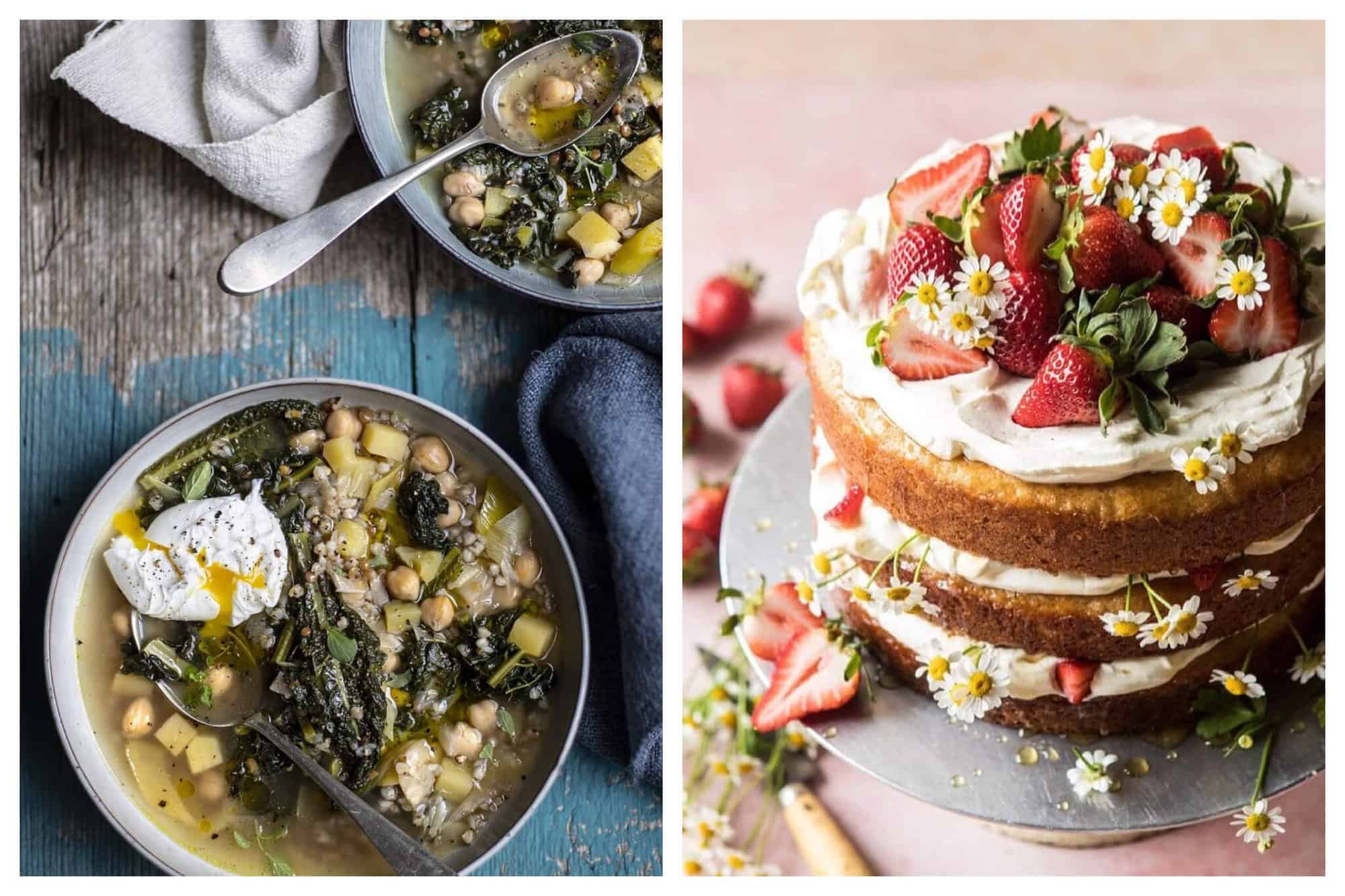 Left: Two bowls of minestrone soup. Right: A strawberry shortcake decorated with yellow daisies and strawberries. 