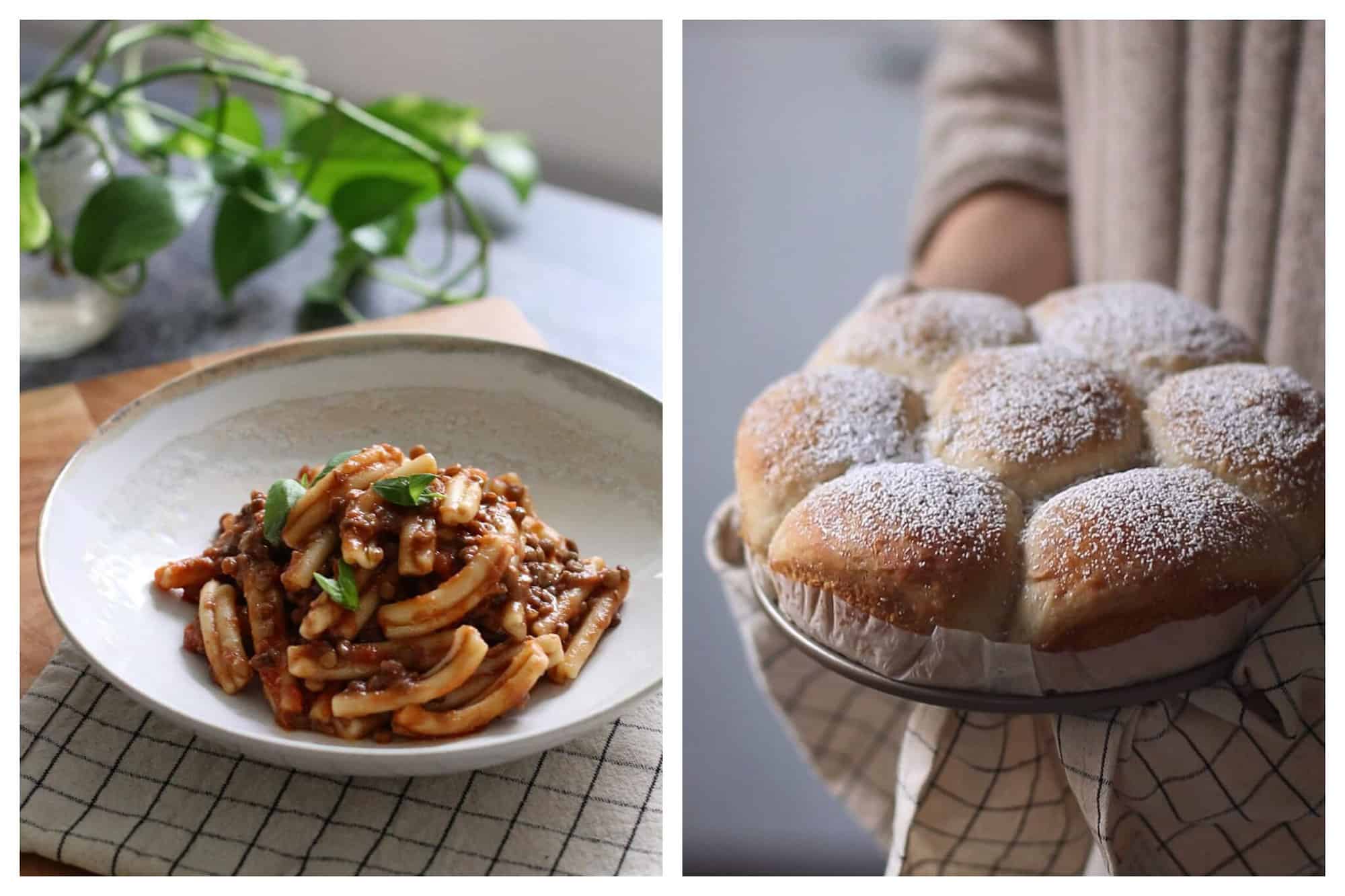 Left: Pasta with meat sauce in a plate. Right: Pastries fresh out of the oven.