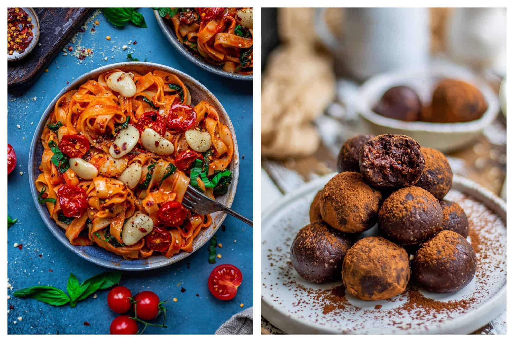 Left: Pasta with white beans, tomatoes and basil. Right: Chocolate truffles. 