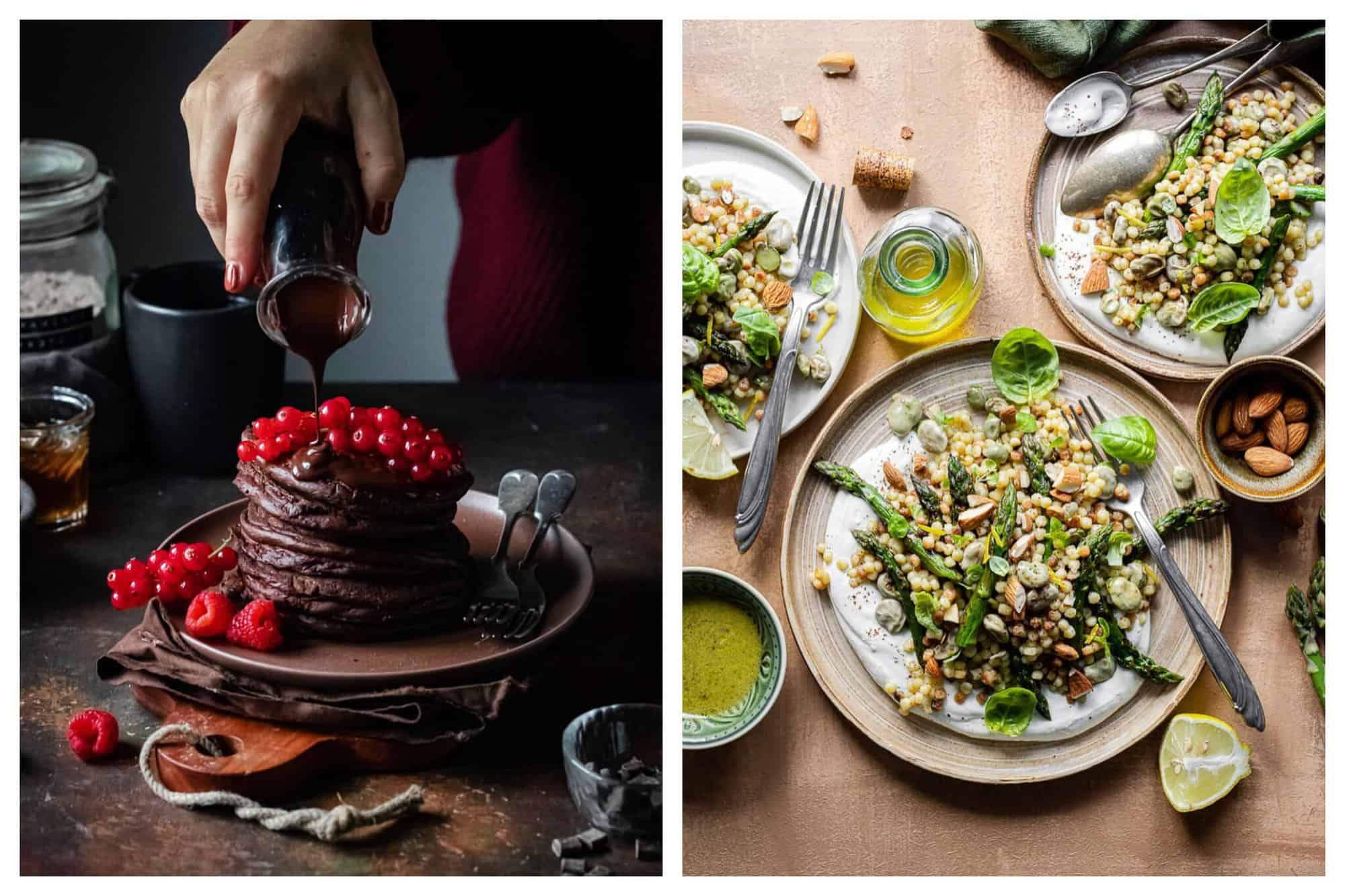 Left: A stack of chocolate pancakes withe cranberries and chocolate sauce on top. Right: A salad with asparagus, grains and lemon. 