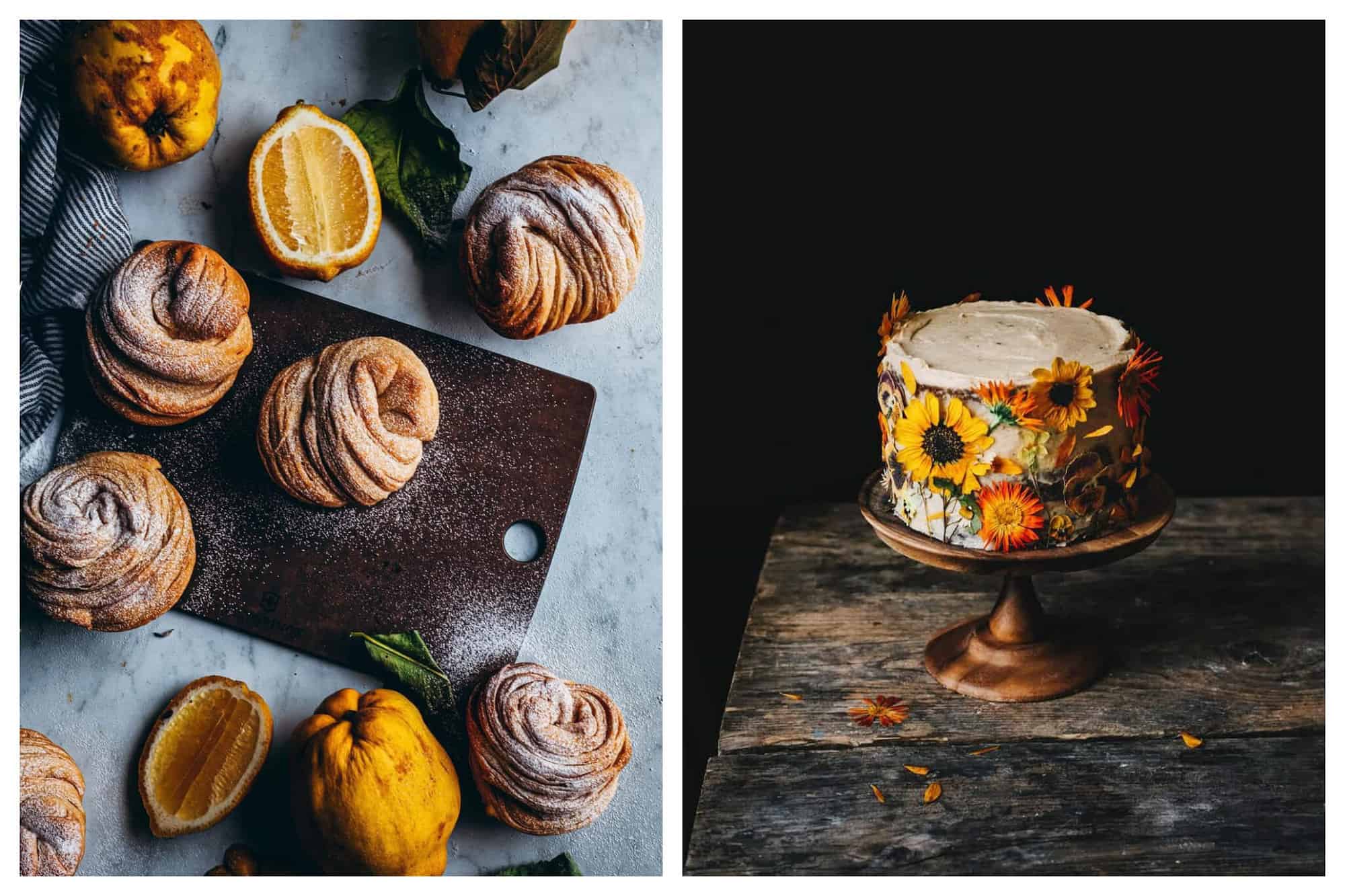 Left: Various lemons and pastries scattered across a cutting board and counter top. Right: An iced cake on a cake stand and decorated with various flowers. 