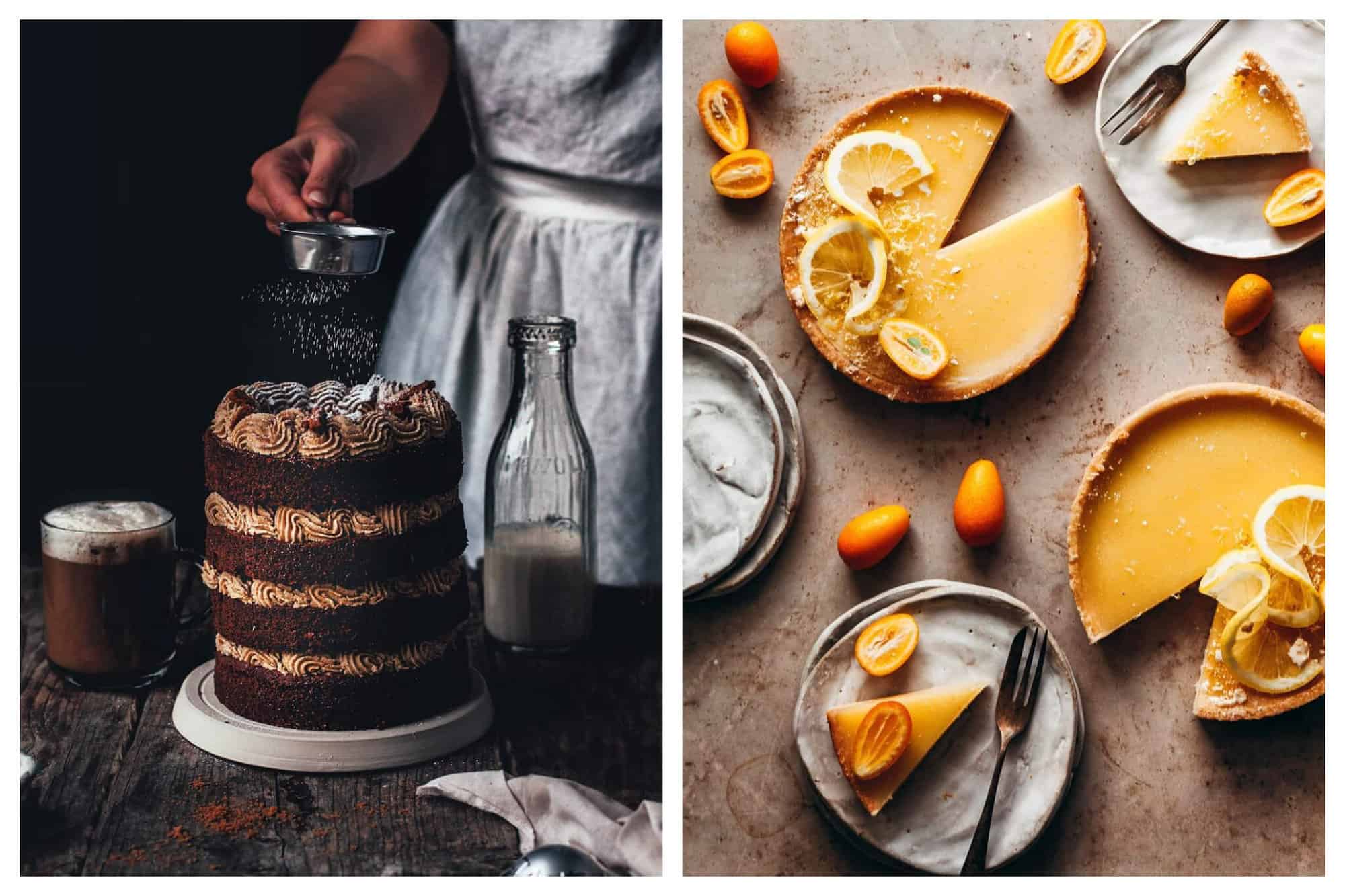 Left: A tall decorated chocolate cake, with icing sugar being sprinkled on top. Right: Two lemon tarts, each with one piece cut out and on separate plates.