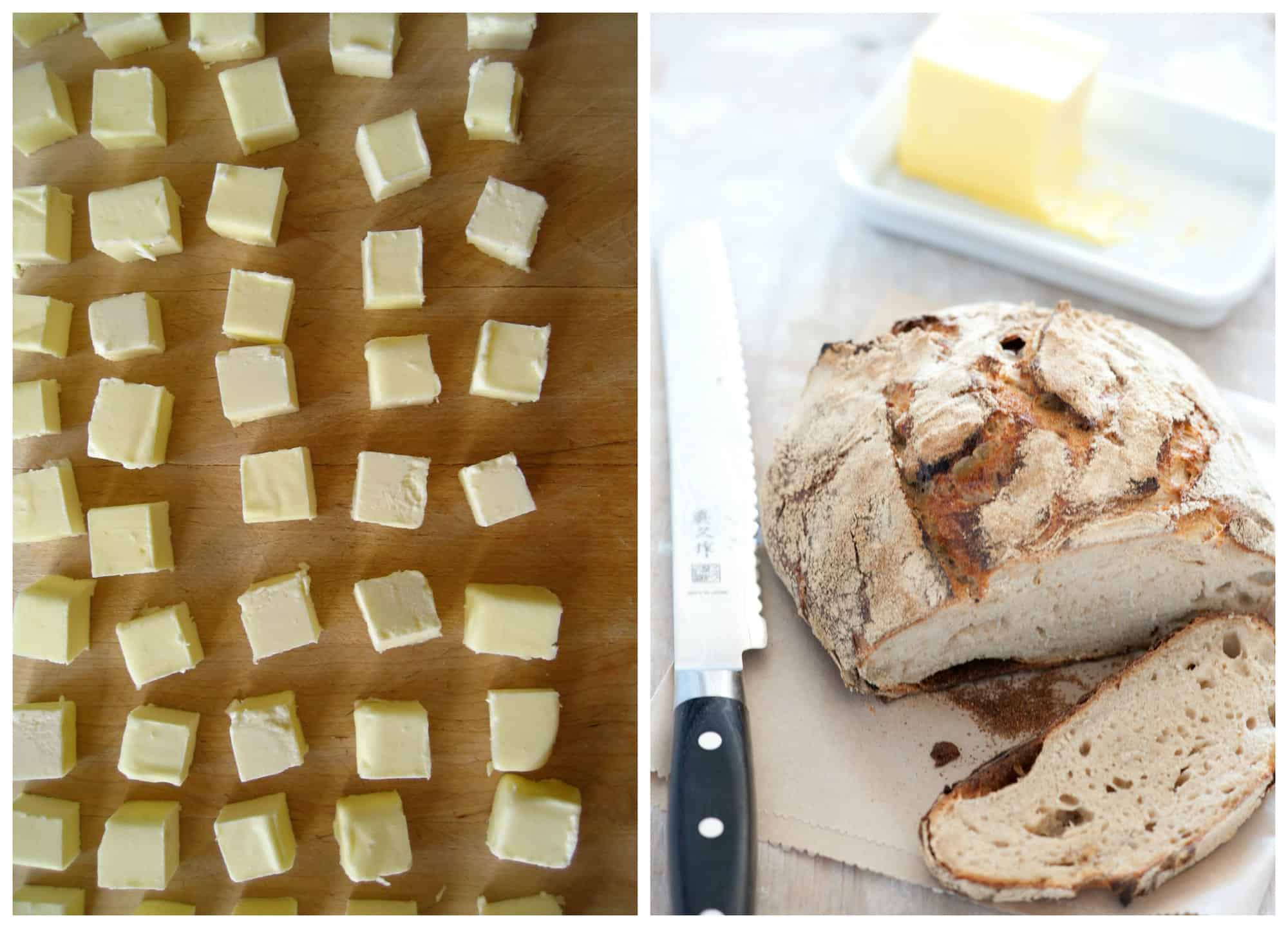 Left: Homemade little squares of butter on a cutting board. Right: A rustic loaf of bread with butter in a dish in the background.