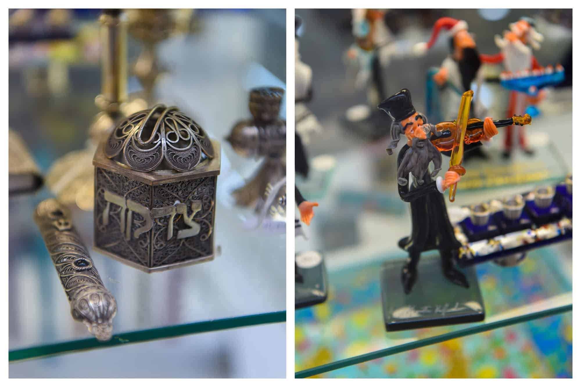 Close up photos of two small Jewish figurines. 