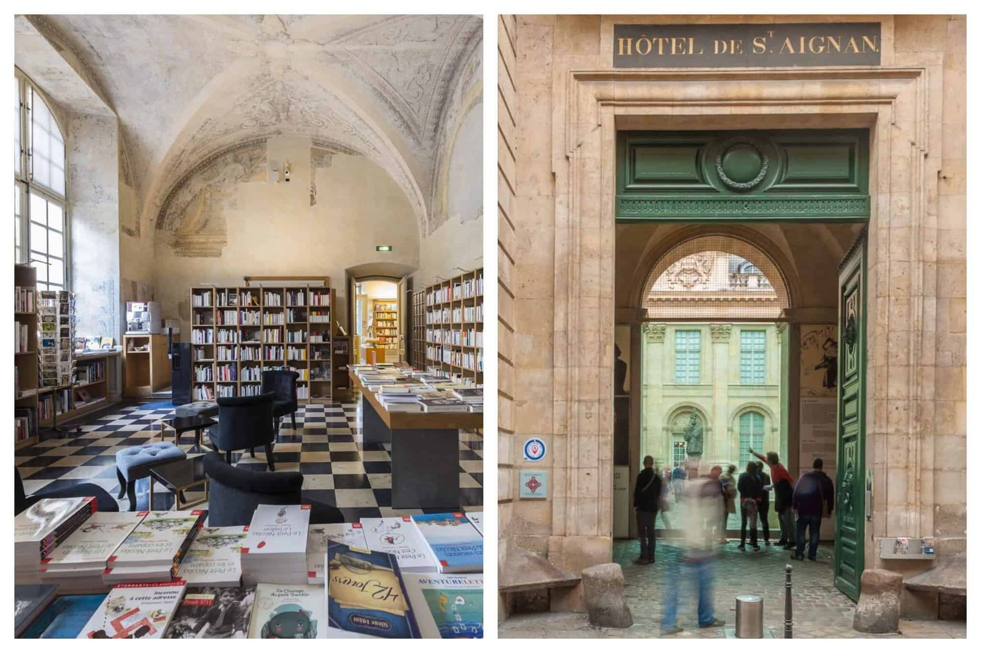Left: The library inside the Museum of the Art and History of Judaism in Pais. Right: The outside of Museum of the Art and History of Judaism, with the arch that reads Hôtel de Saint-Aignan. 