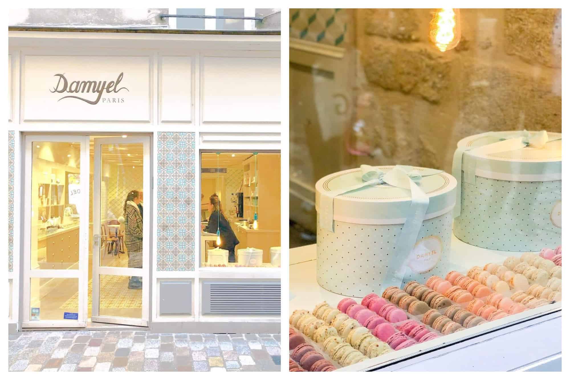 Left: The outside of Damyel in Paris. Right: The window front of Damyel in Paris, with assorted macarons pictured. 