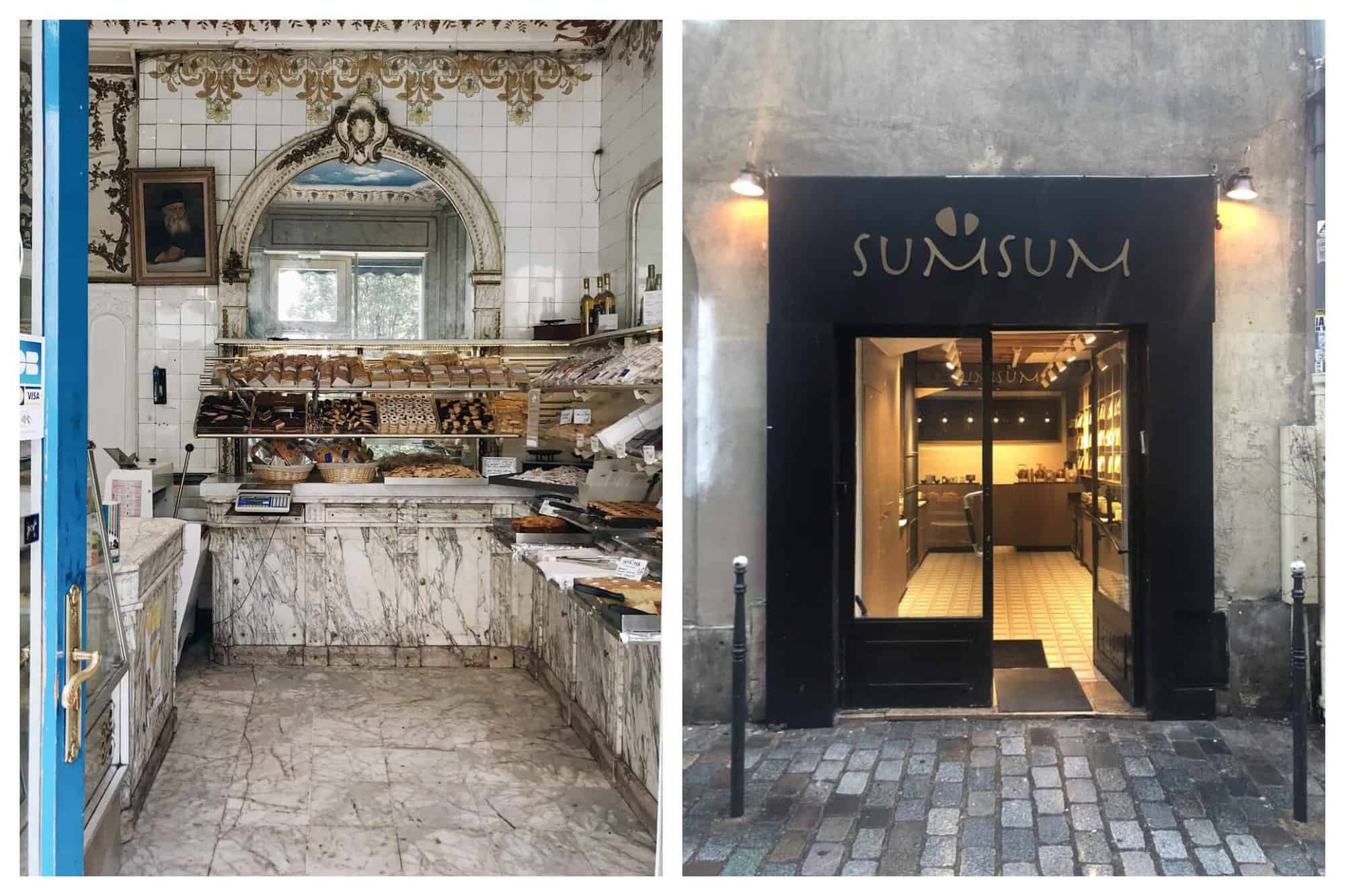 Left: The interior of Boulangerie Murciano in Paris. Right: The exterior of SumSum in Paris.
